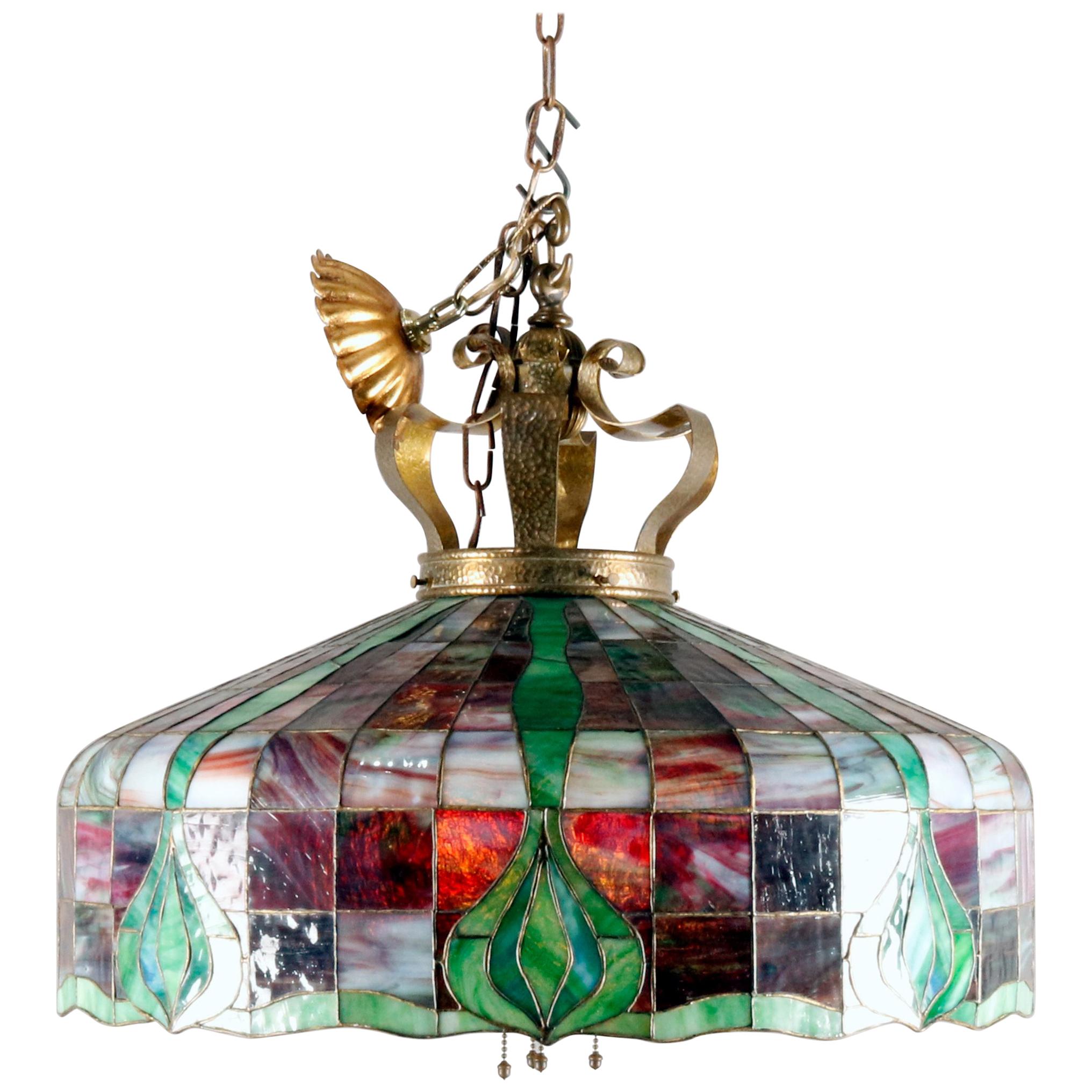 Arts & Crafts Leaded Slag & Stained Glass Mosaic Dome Chandelier, circa 1910