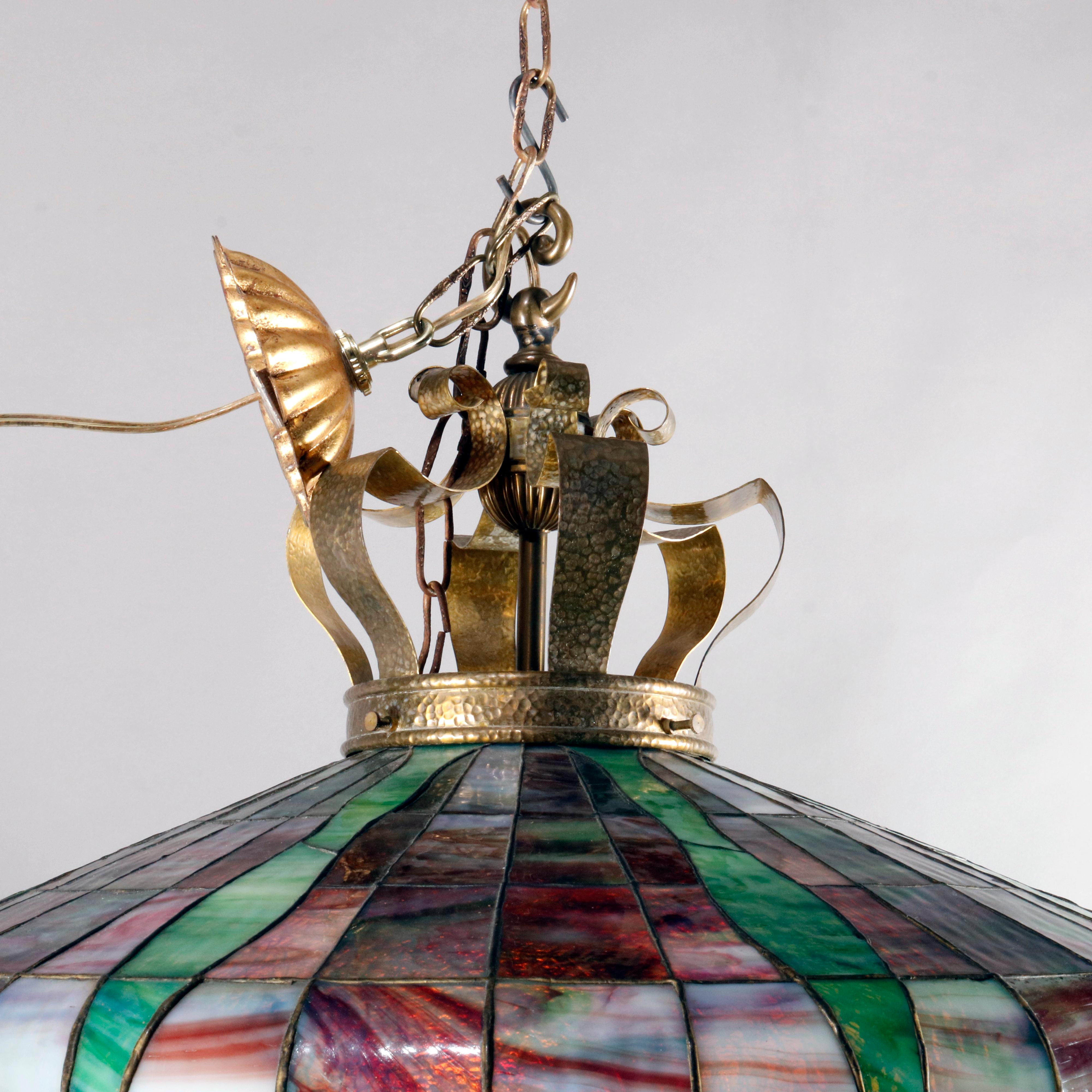 Arts & Crafts Leaded Slag & Stained Glass Mosaic Dome Chandelier, circa 1910 1