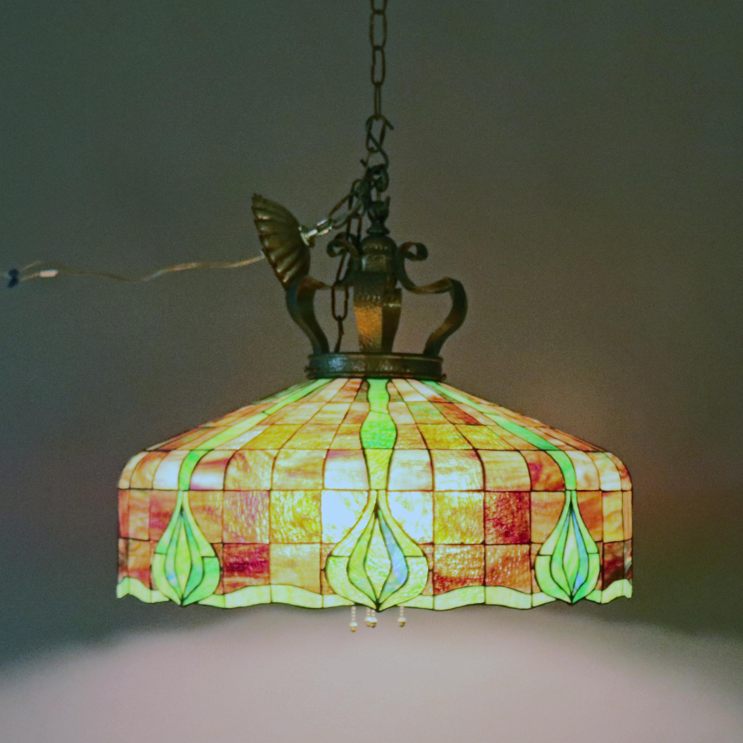 Arts and Crafts Arts & Crafts Leaded Slag & Stained Glass Mosaic Dome Chandelier, circa 1910