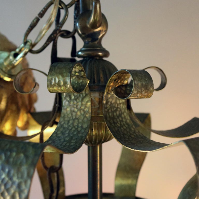 Arts and Crafts Leaded Slag and Stained Glass Mosaic Dome Chandelier