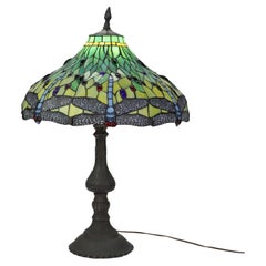 Arts & Crafts Leaded Stained Glass Dragonfly Table Lamp 20thC