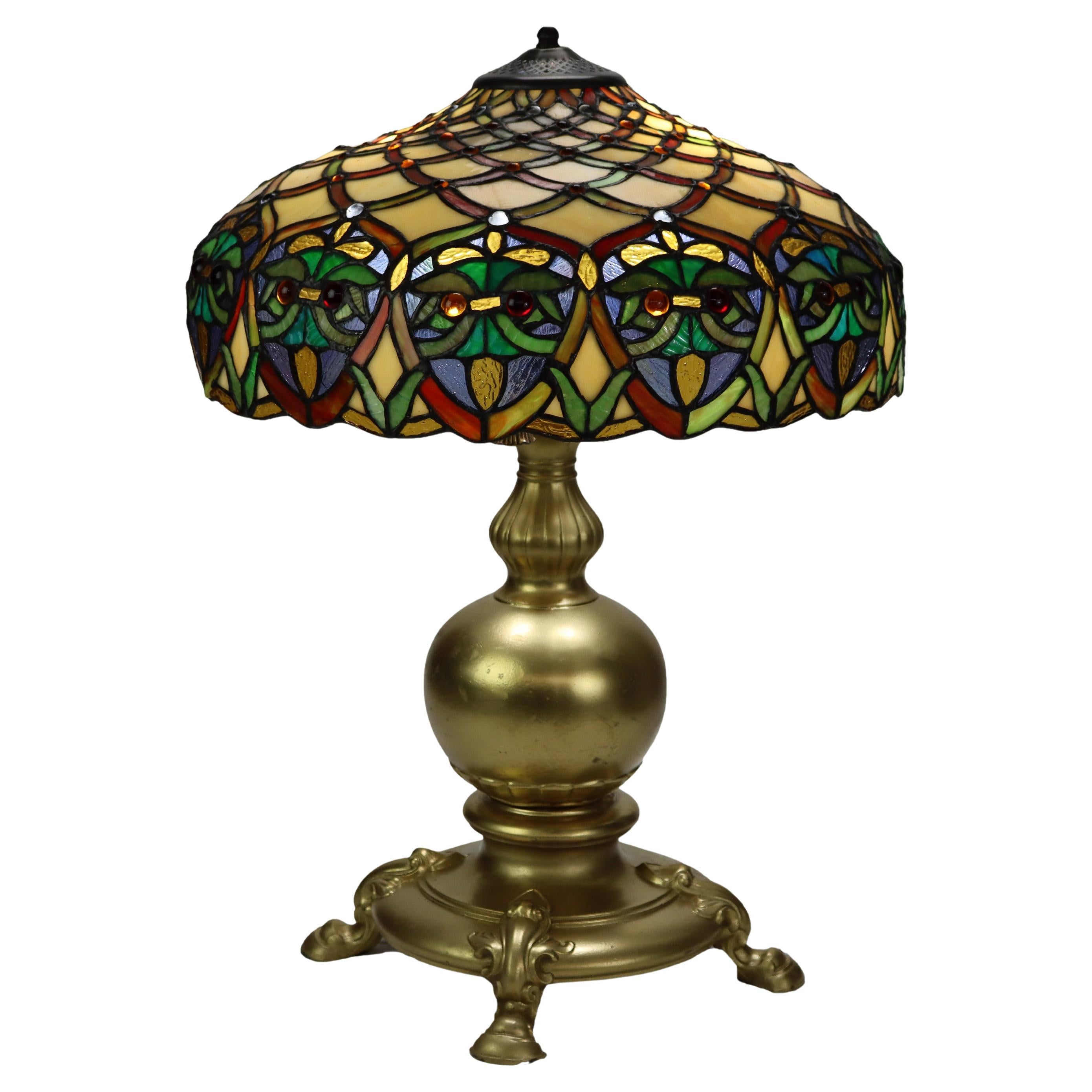 Arts & Crafts Leaded Stained Glass Table Lamp 20thC