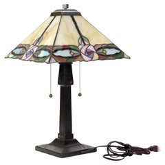 Vintage Arts & Crafts Leaded Stained Glass Table Lamp 20thC