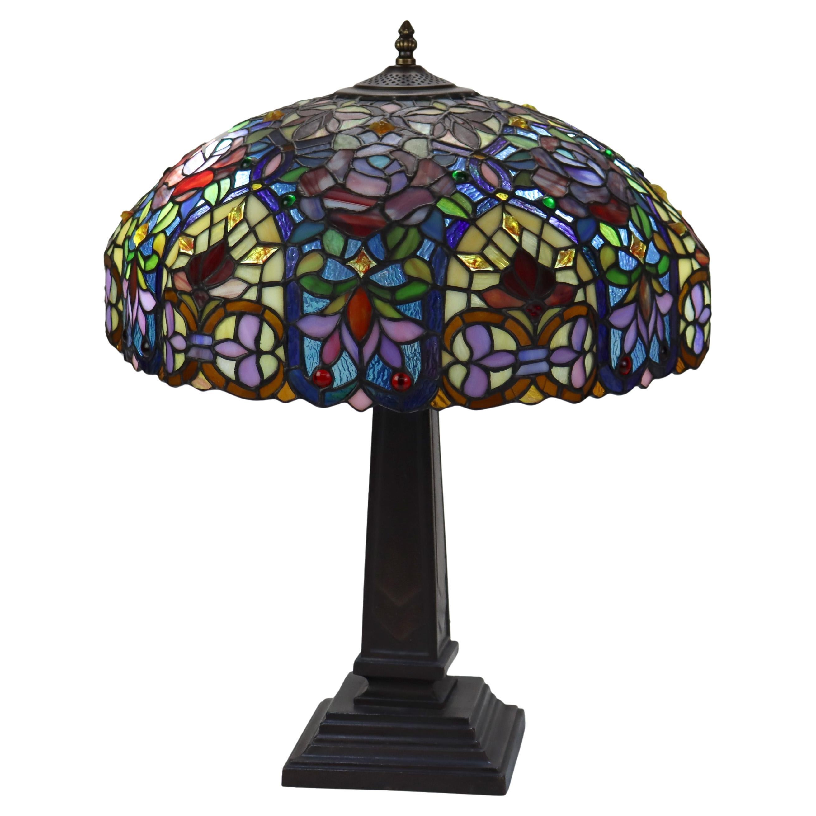 Arts & Crafts Leaded Stained Glass Table Lamp, Stylized Floral Design,  20thC