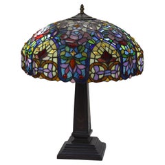 Arts & Crafts Leaded Stained Glass Table Lamp, Stylized Floral Design,  20thC