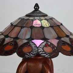 Arts & Crafts Leaded Stained Glass Table Lamp With Pottery Base 20thC