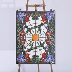 Arts & Crafts Leaded Stained Glass Window, Garden & Birds 20th C