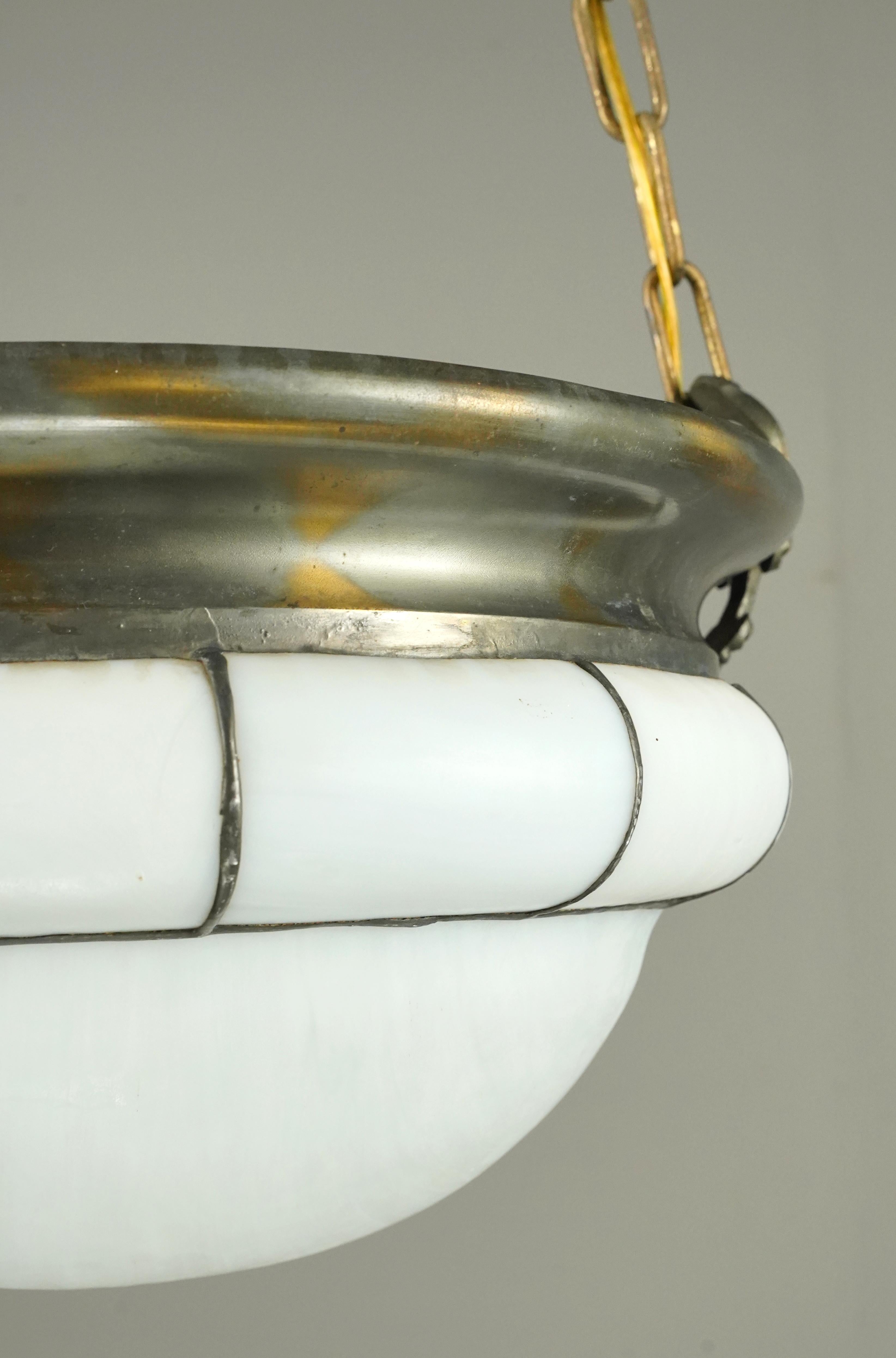 Arts and Crafts Arts & Crafts Leaded White Glass Dish Pendant Light For Sale