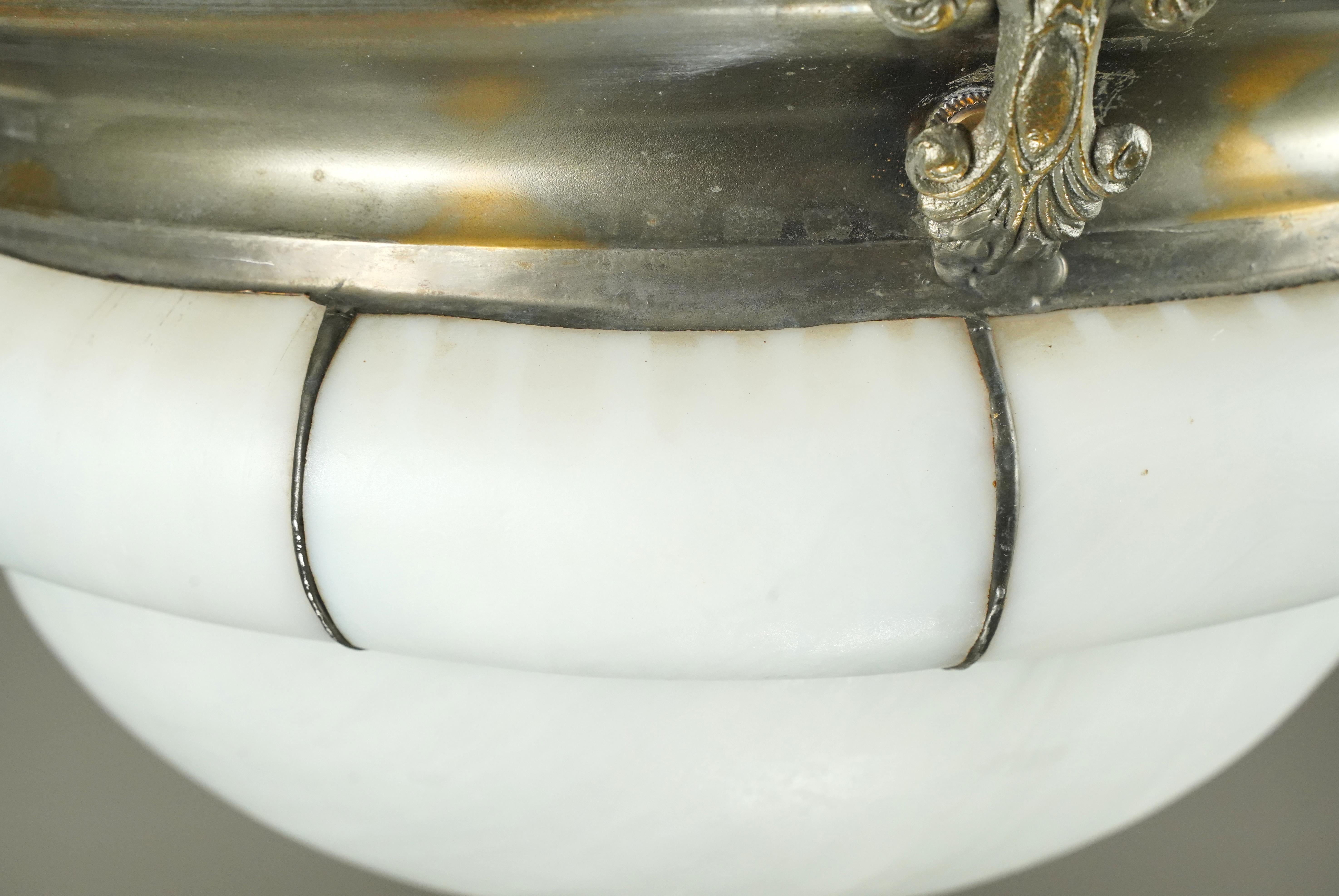 Arts & Crafts Leaded White Glass Dish Pendant Light In Good Condition For Sale In New York, NY