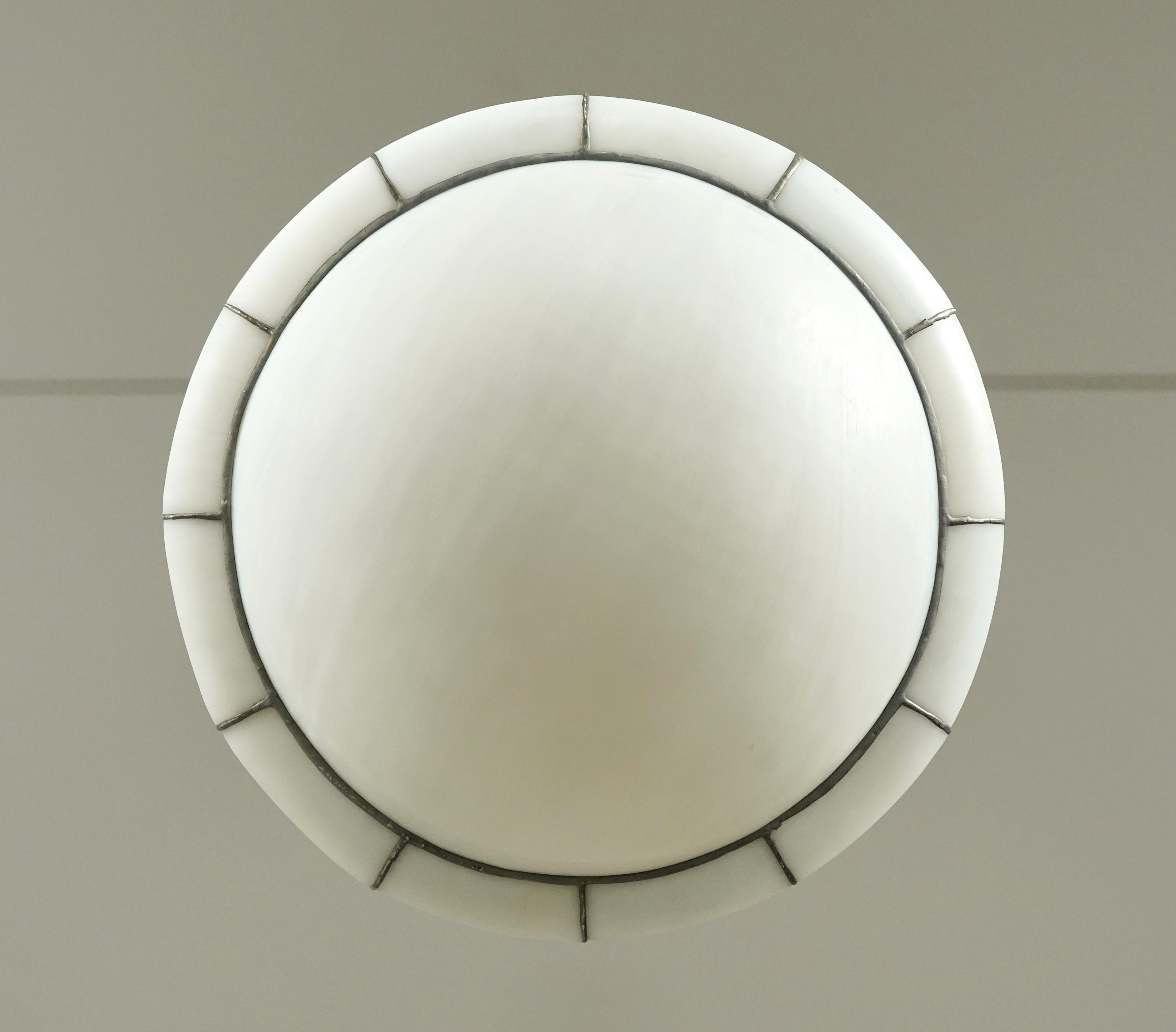 Brass Arts & Crafts Leaded White Glass Dish Pendant Light For Sale