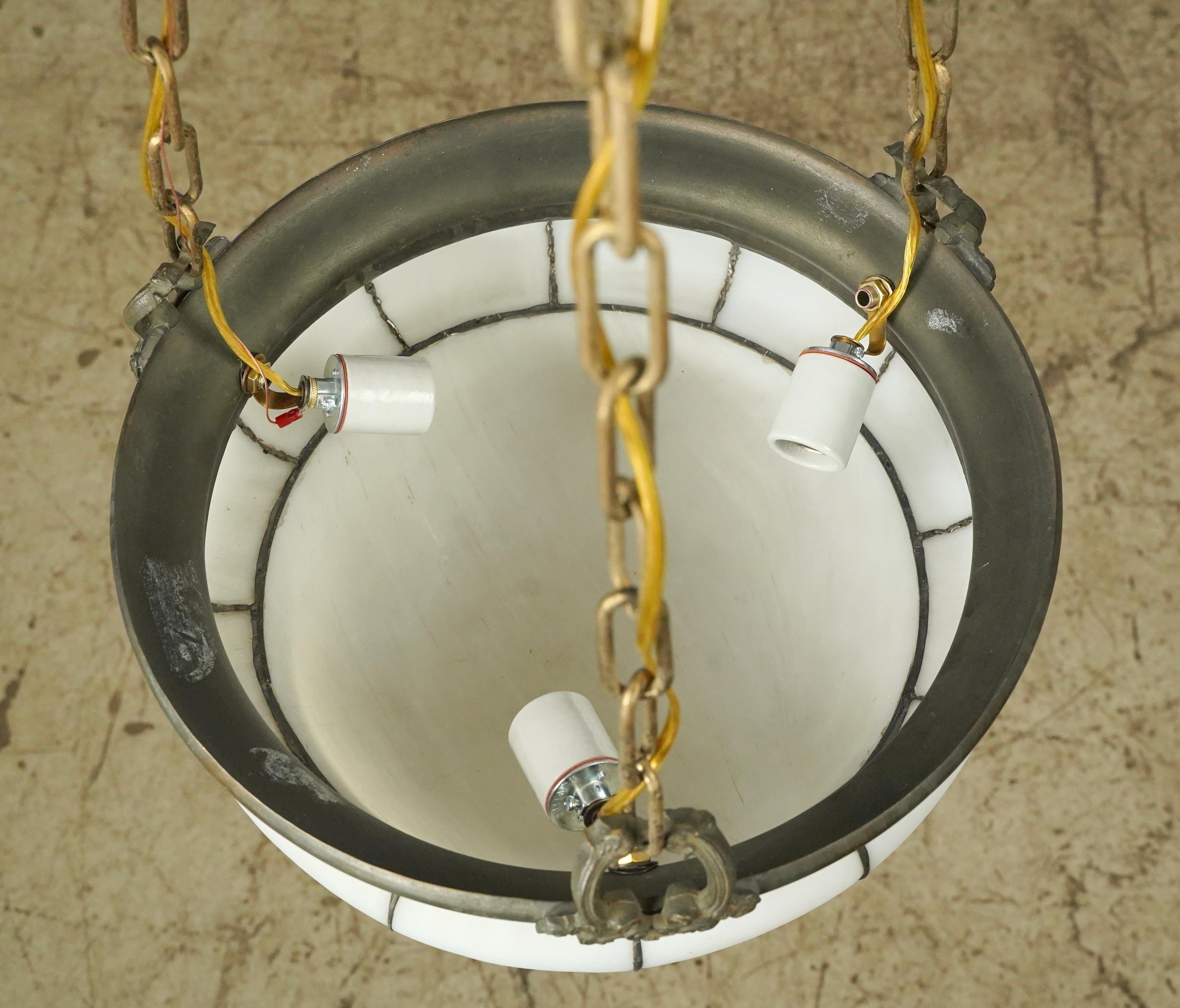 Arts & Crafts Leaded White Glass Dish Pendant Light For Sale 1