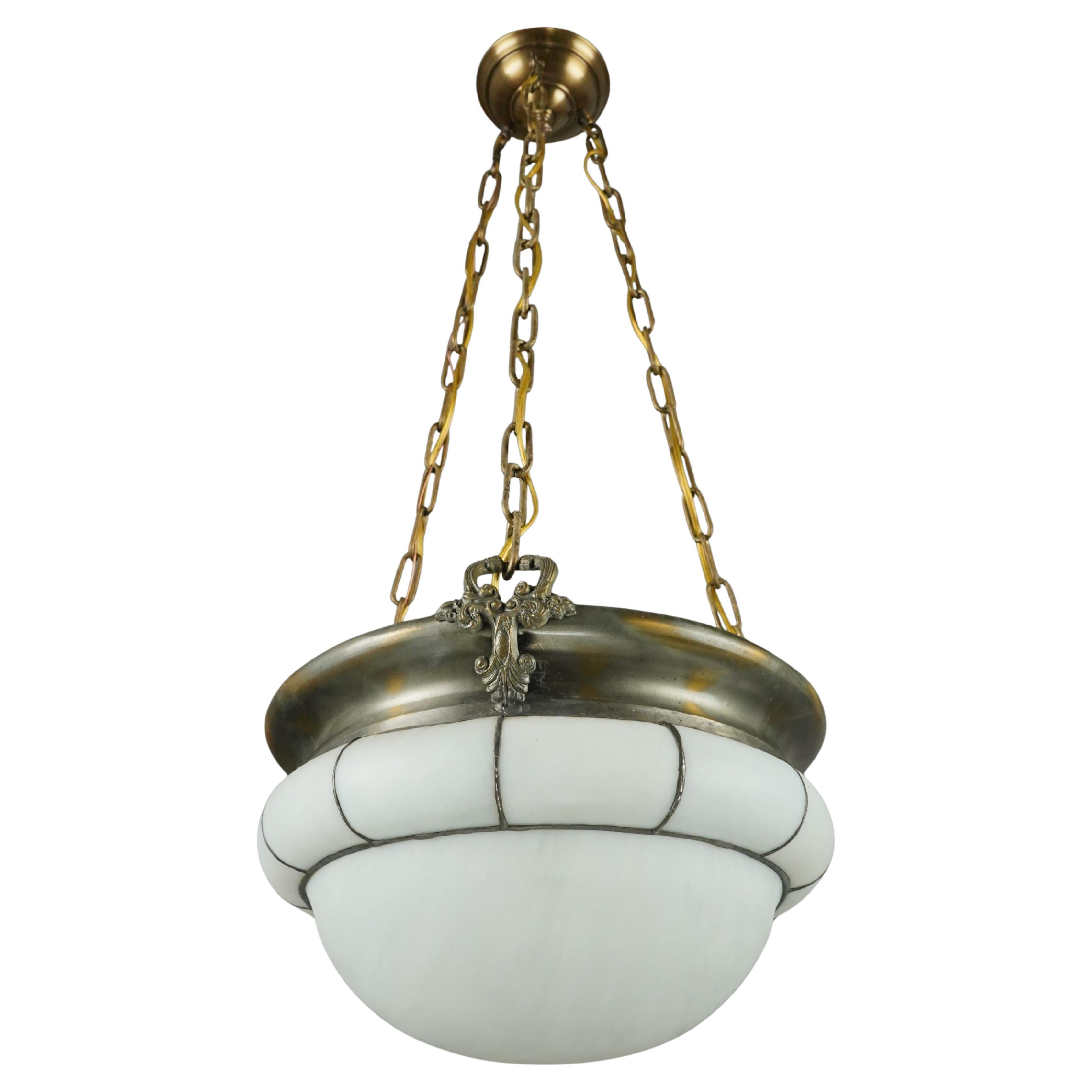 Arts & Crafts Leaded White Glass Dish Pendant Light