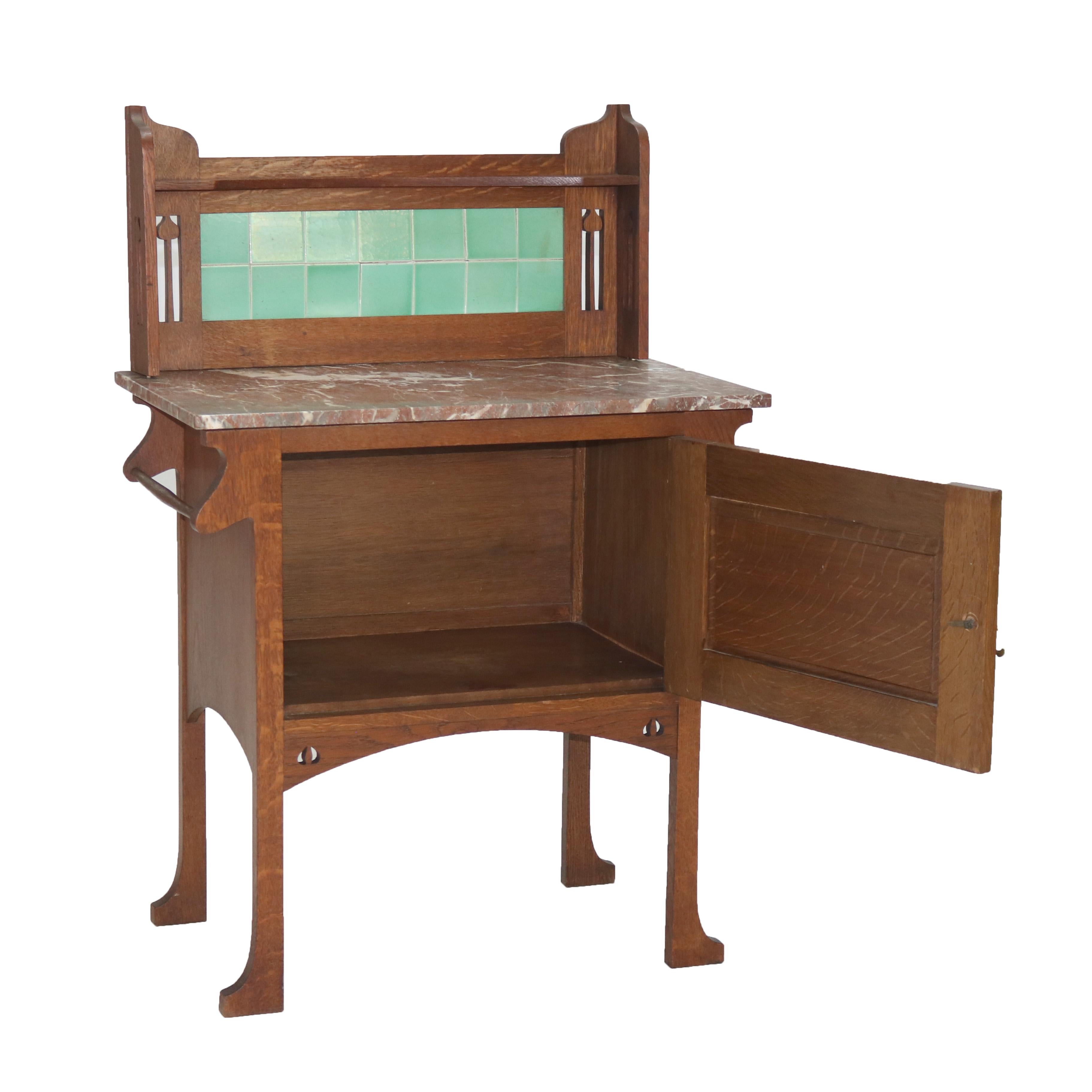 ***Reduced In-House Delivery Rates - Click on “Ask Seller” to Request a Quote***

Arts & Crafts Liberty and Co. Mission Oak Marble & Tile Top Washstand C1910

Measures- 44
