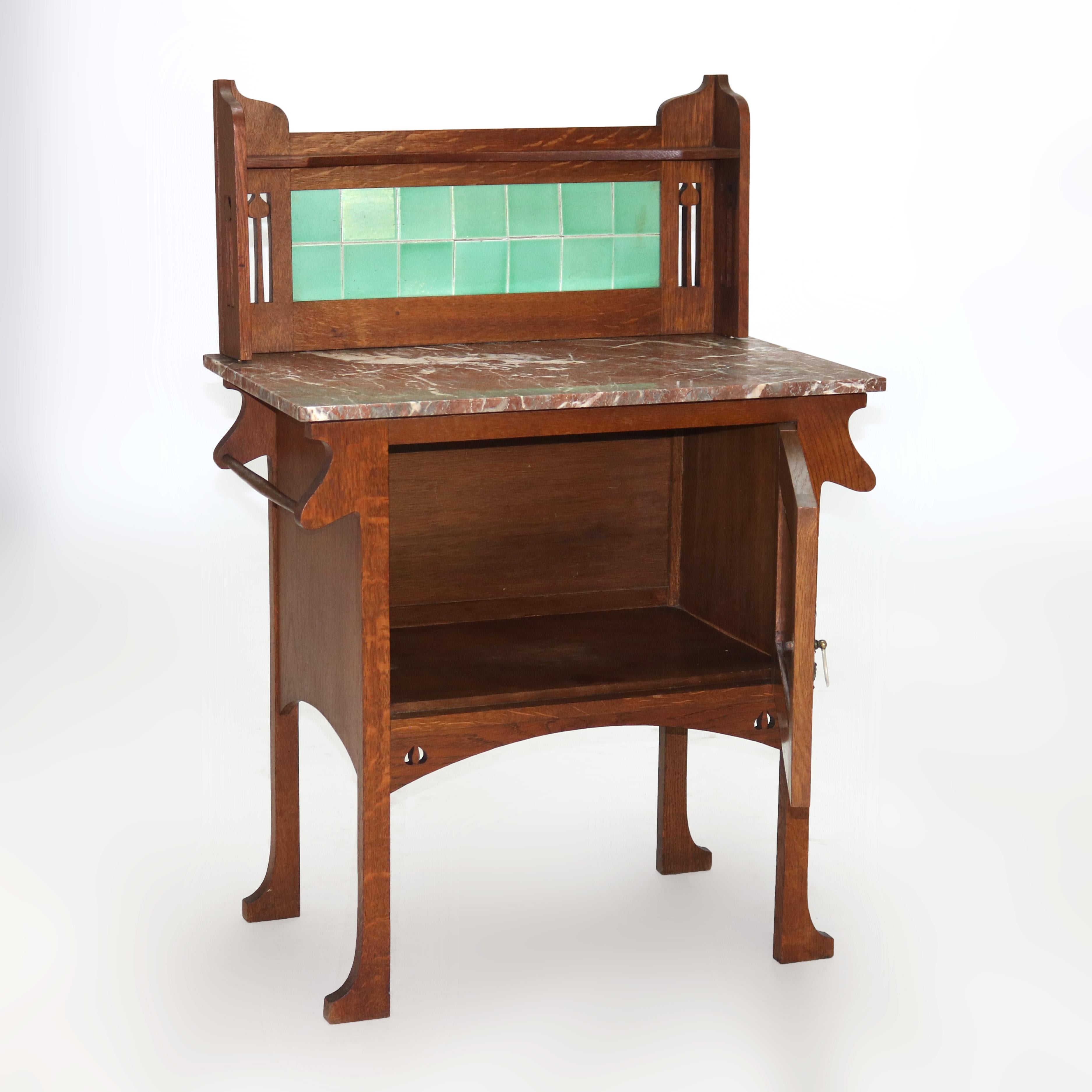 Arts & Crafts Liberty and Co. Mission Oak Marble & Tile Top Washstand C1910 In Good Condition In Big Flats, NY