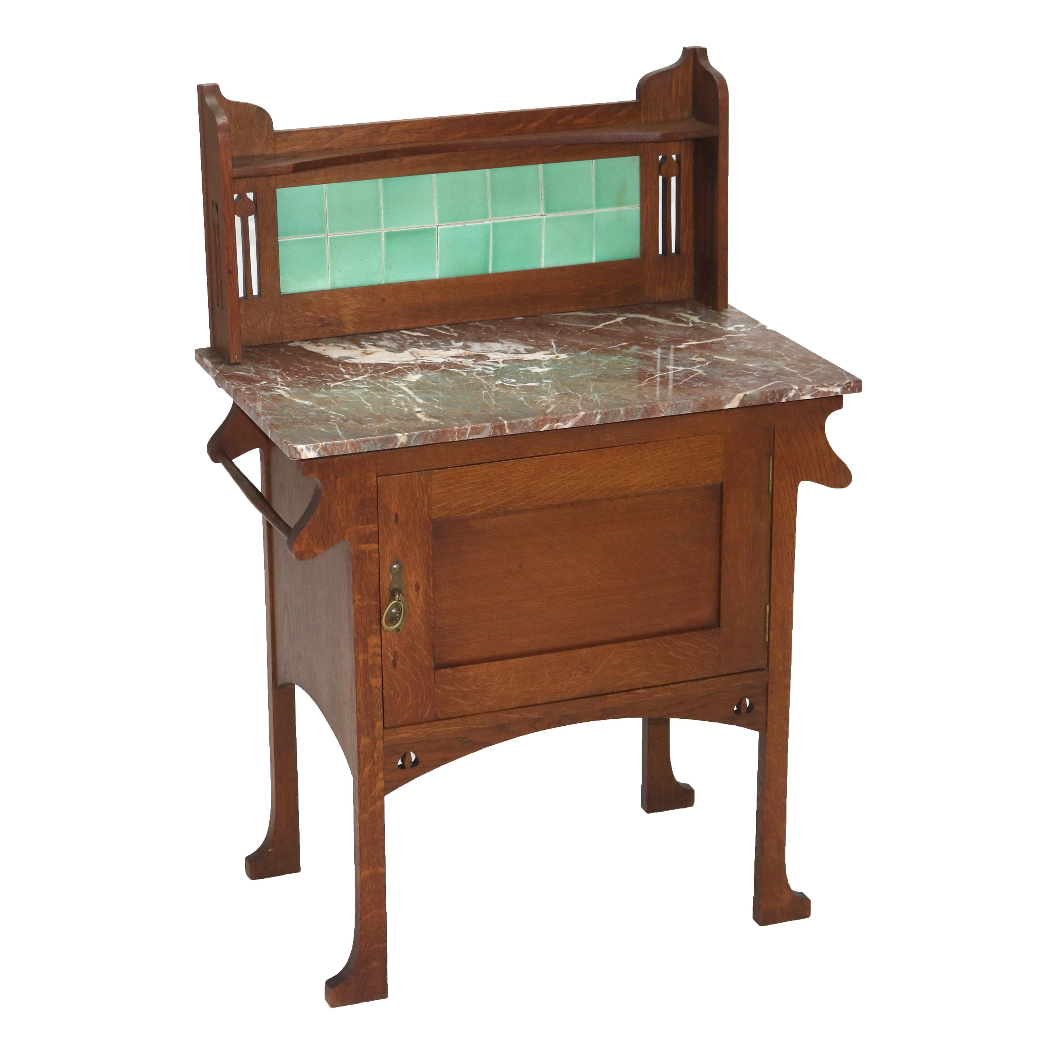 20th Century Arts & Crafts Liberty and Co. Mission Oak Marble & Tile Top Washstand C1910