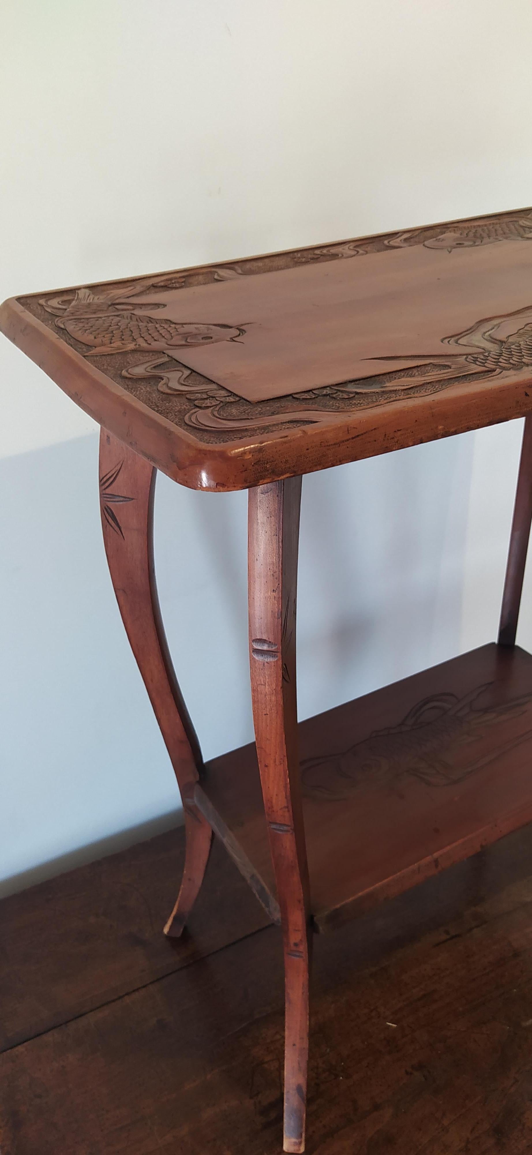 20th Century Arts & Crafts Liberty & Co Japanese Side Table, Carved Koi Carp, circa 1900