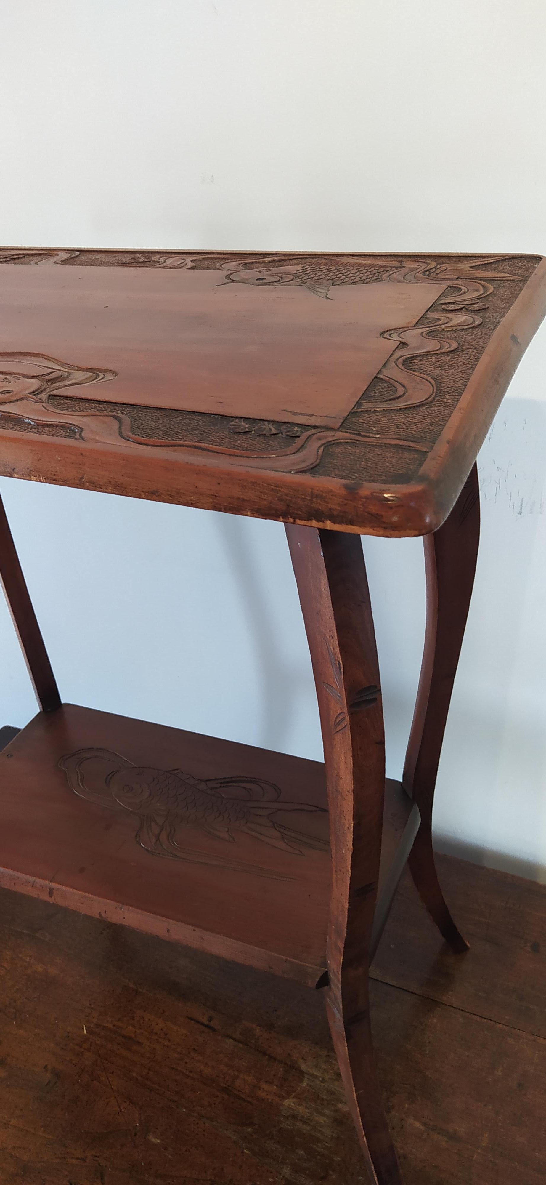 Wool Arts & Crafts Liberty & Co Japanese Side Table, Carved Koi Carp, circa 1900
