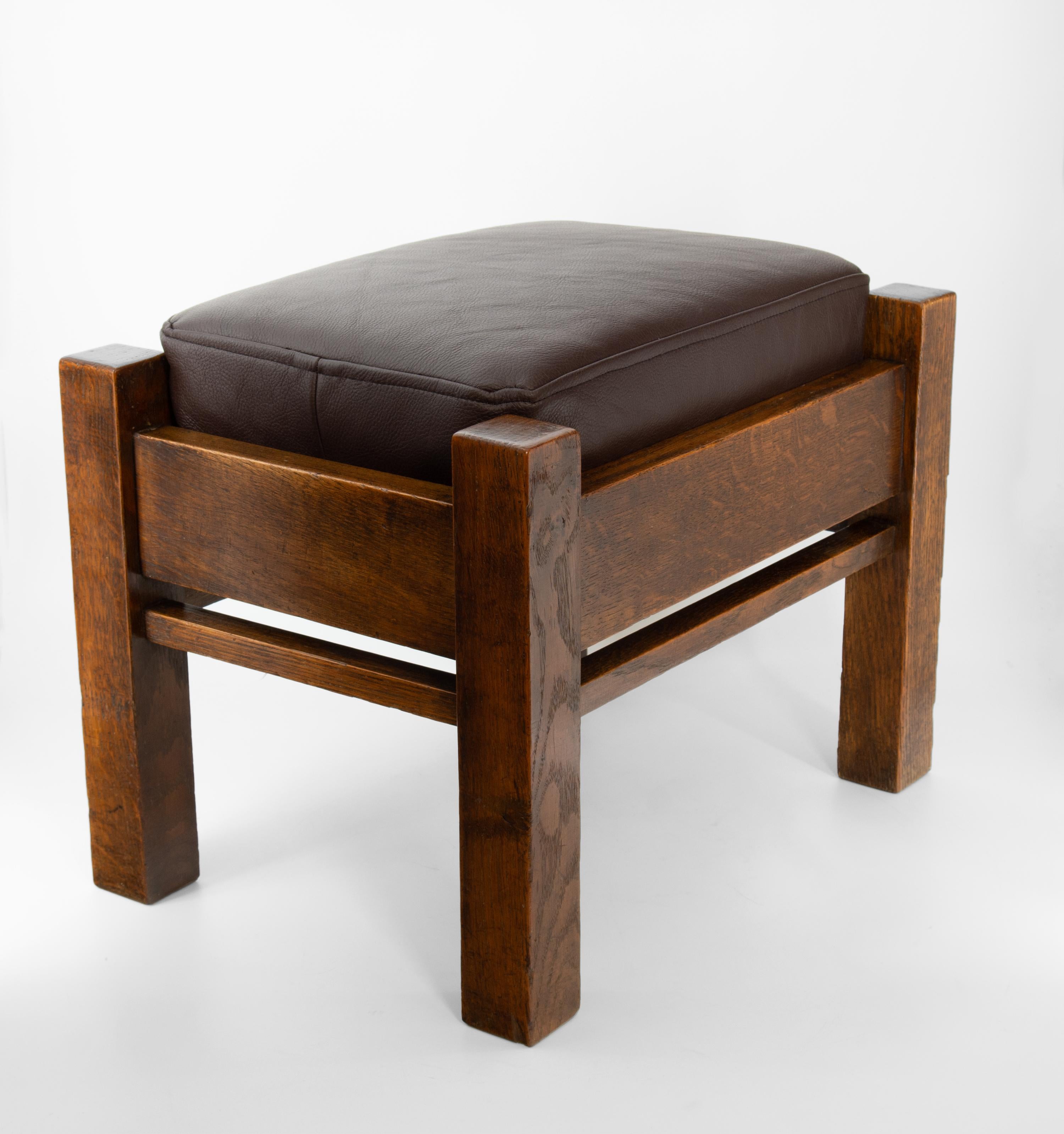 20th Century Arts & Crafts Liberty & Co Oak & Leather Mission Footstool For Sale