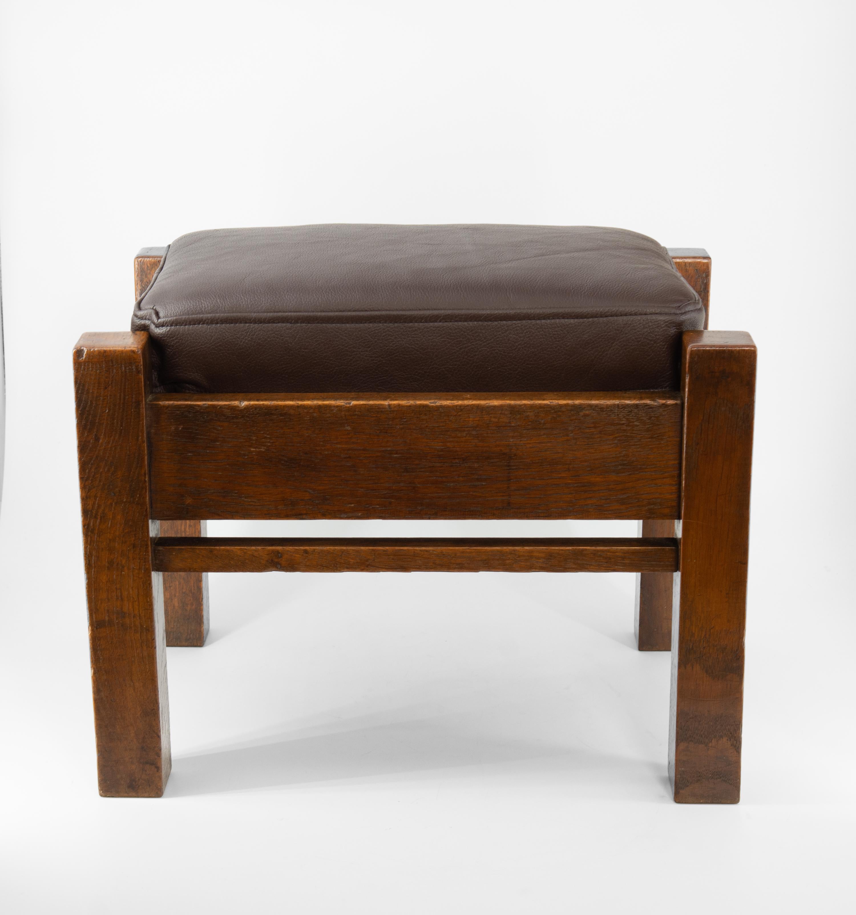 Arts & Crafts Liberty & Co Oak & Leather Mission Footstool For Sale 1