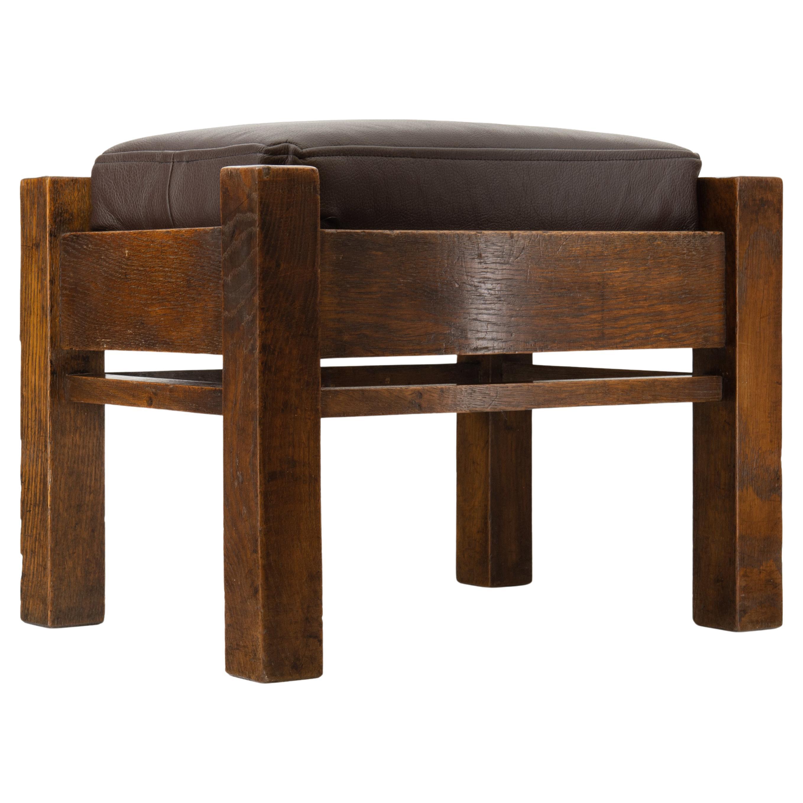 Arts & Crafts Liberty & Co Oak & Leather Mission Footstool For Sale