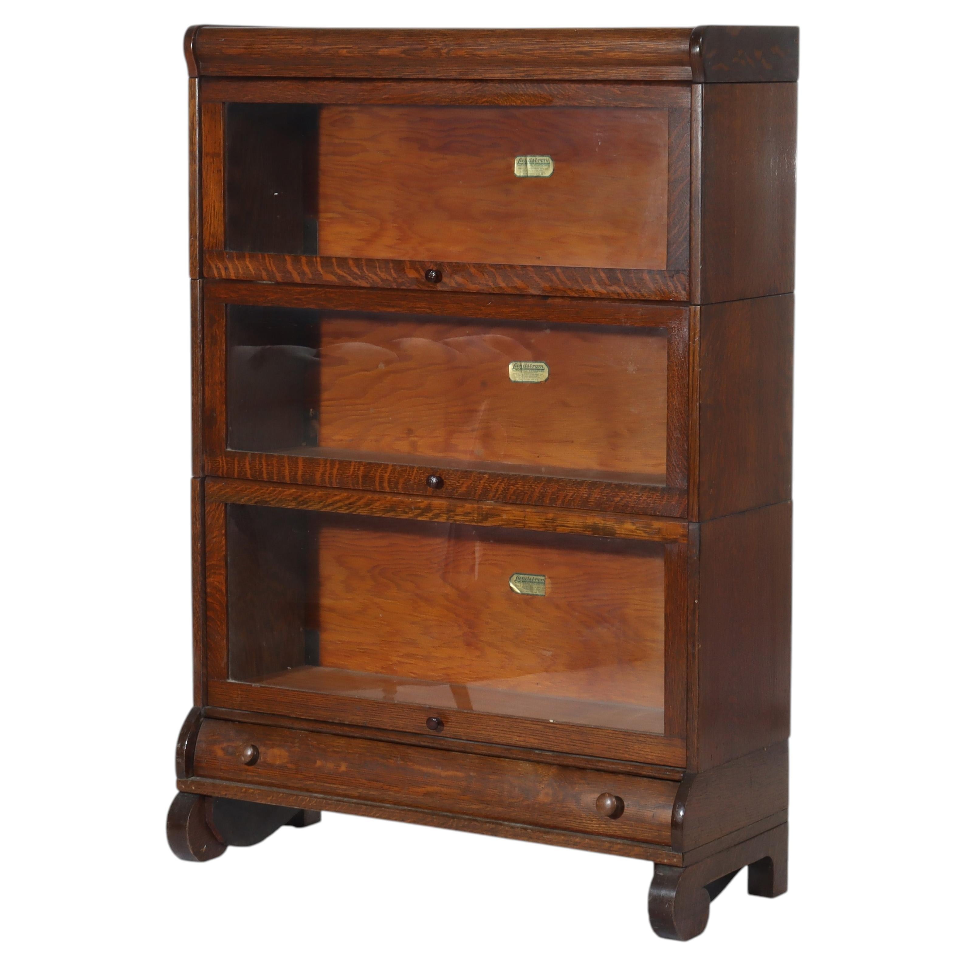 Arts & Crafts Lundstrom Oak 3-Stack Barrister Bookcase With Drawer c1910