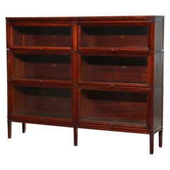 Arts & Crafts Macey Mahogany & Satinwood Banded Double Barrister Bookcase:: c1910