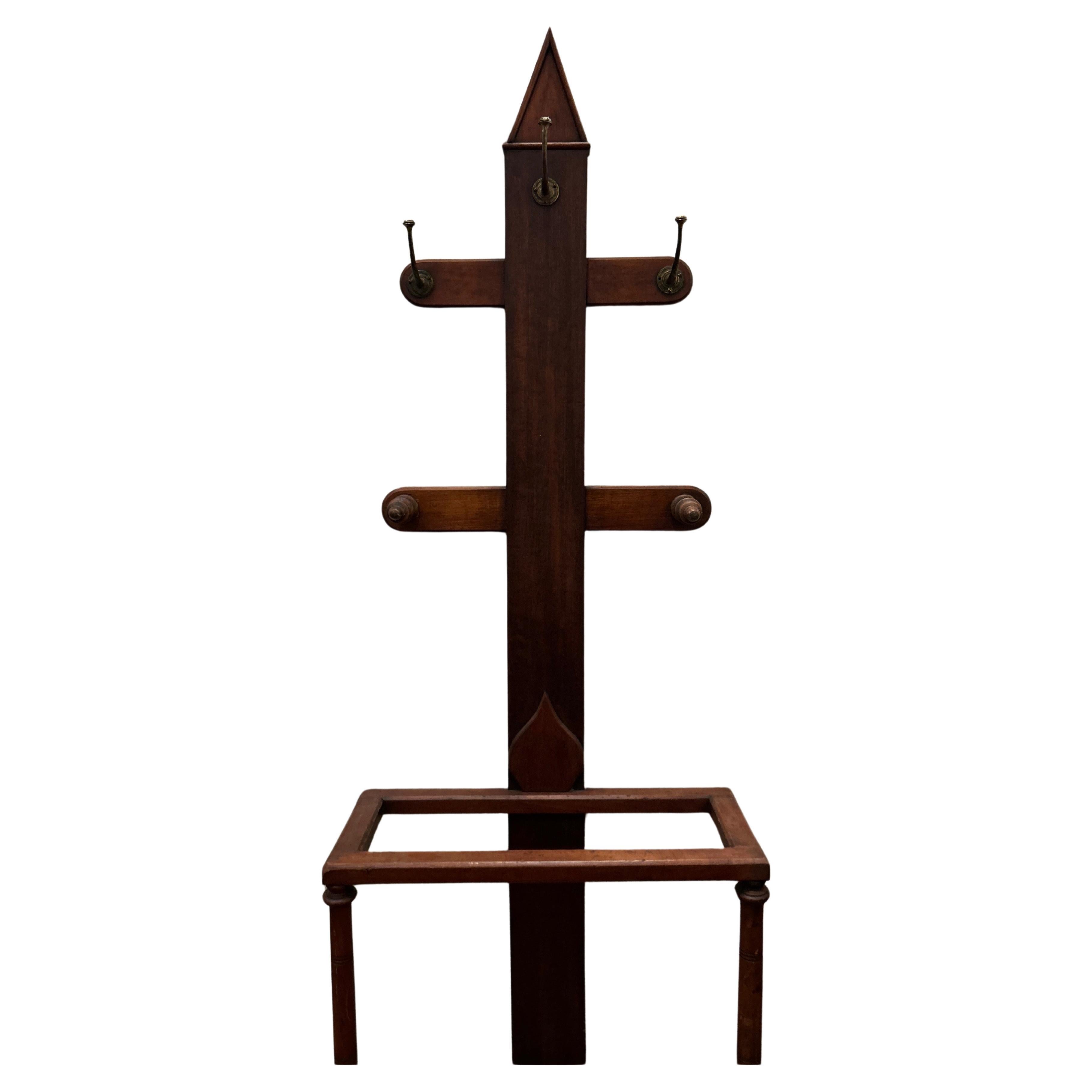 Hand-Crafted Arts & Crafts Mahogany Coat Rack cum Hat Stand With Brass Hooks & Drip Pan For Sale