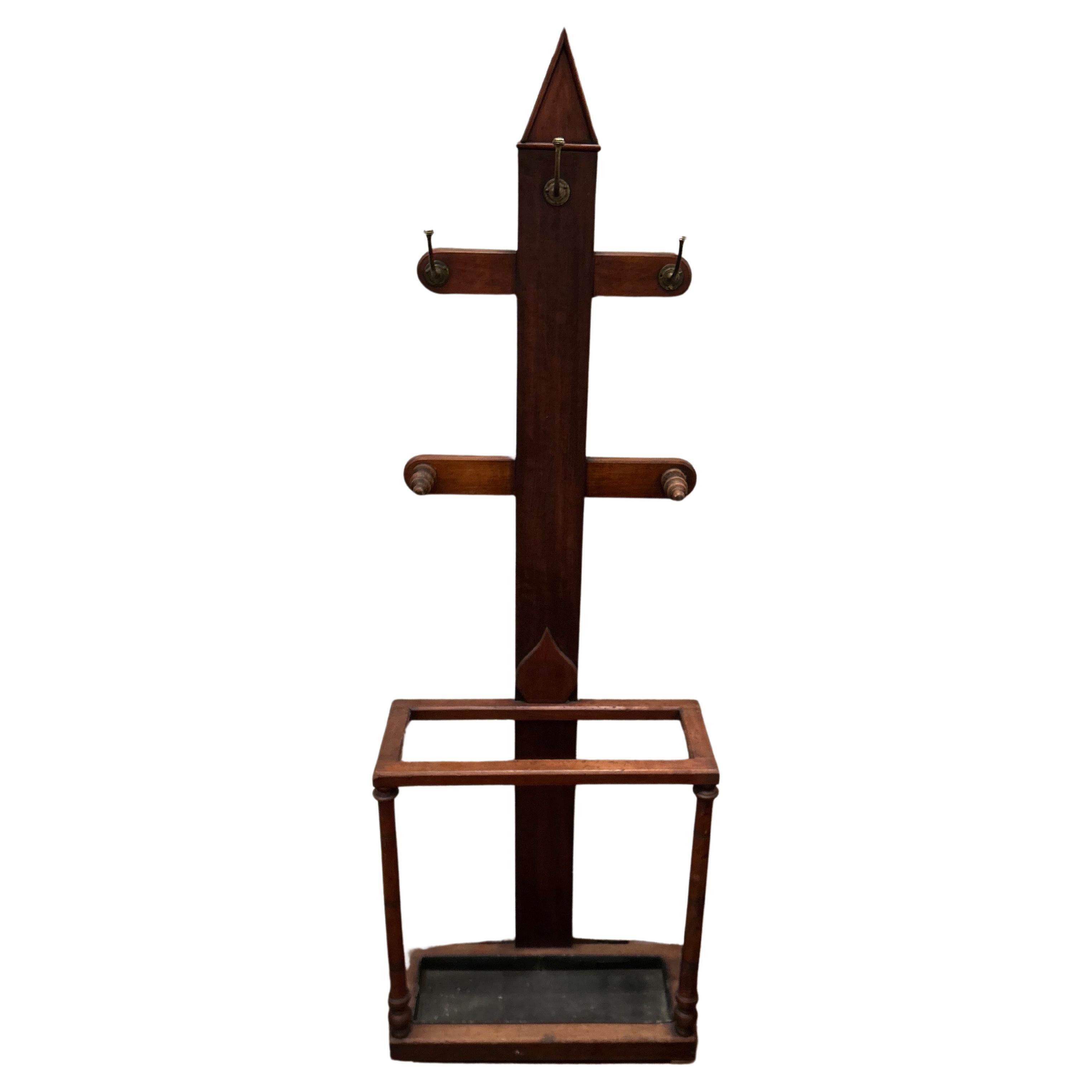 Arts & Crafts Mahogany Coat Rack cum Hat Stand With Brass Hooks & Drip Pan In Good Condition For Sale In Vancouver, British Columbia