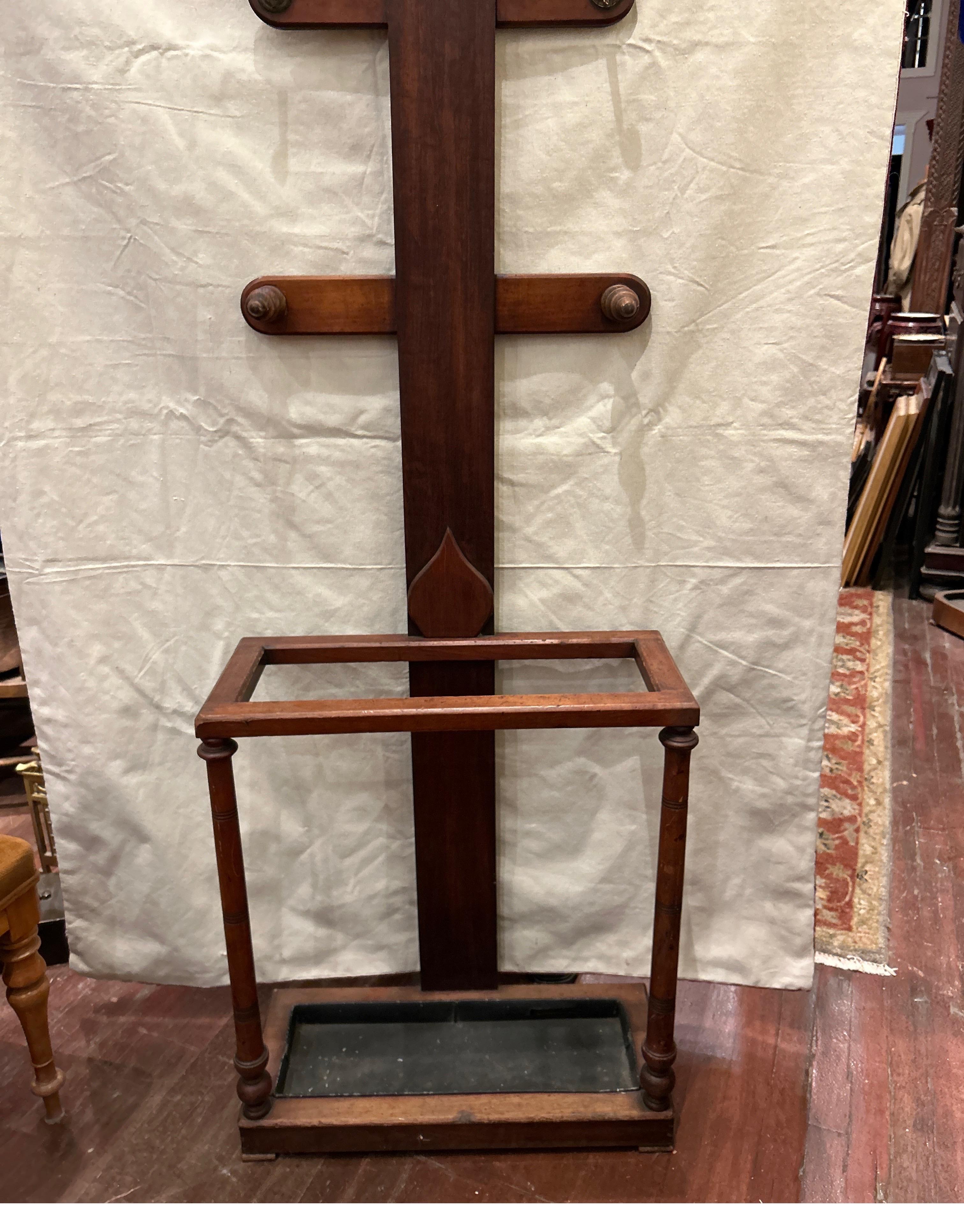 Late 19th Century Arts & Crafts Mahogany Coat Rack cum Hat Stand With Brass Hooks & Drip Pan For Sale