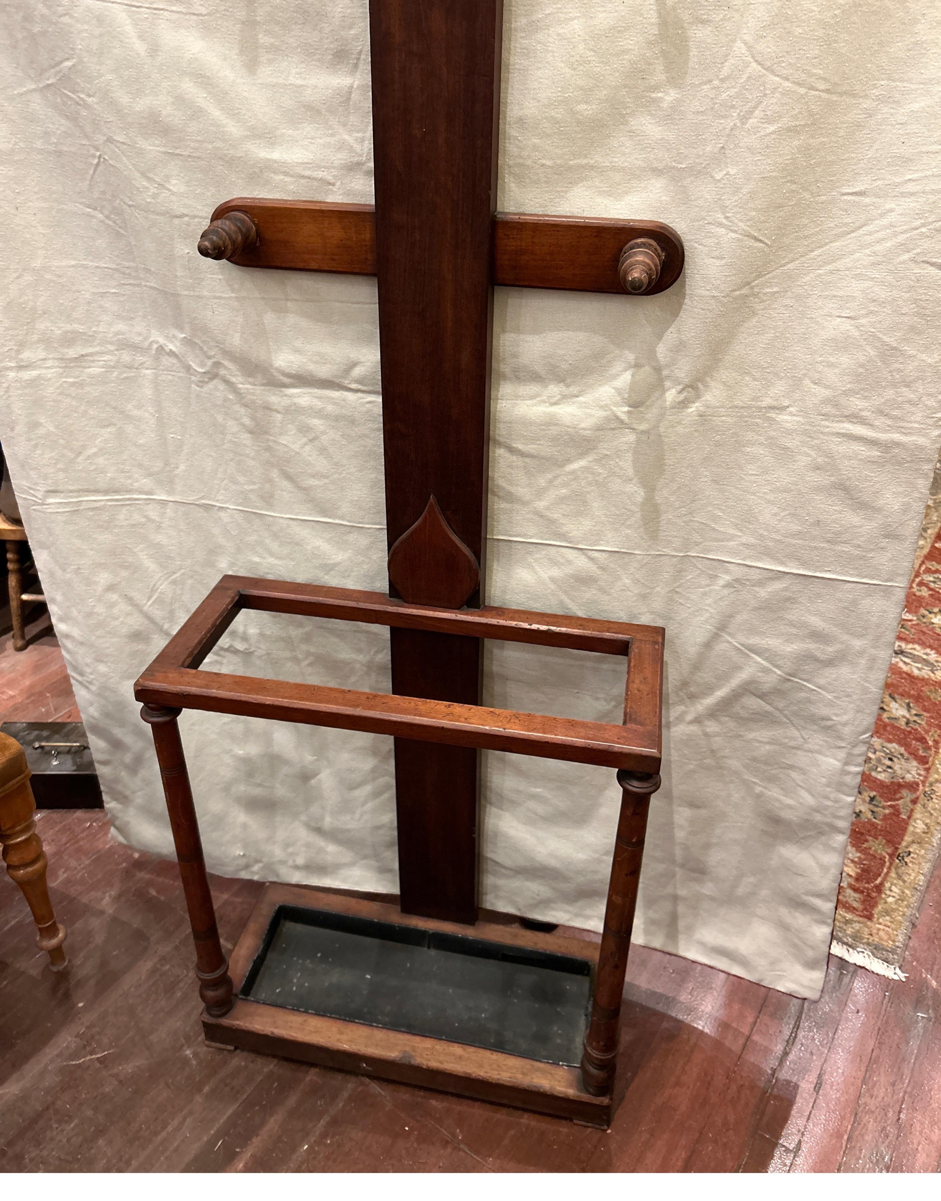 Arts & Crafts Mahogany Coat Rack cum Hat Stand With Brass Hooks & Drip Pan For Sale 1