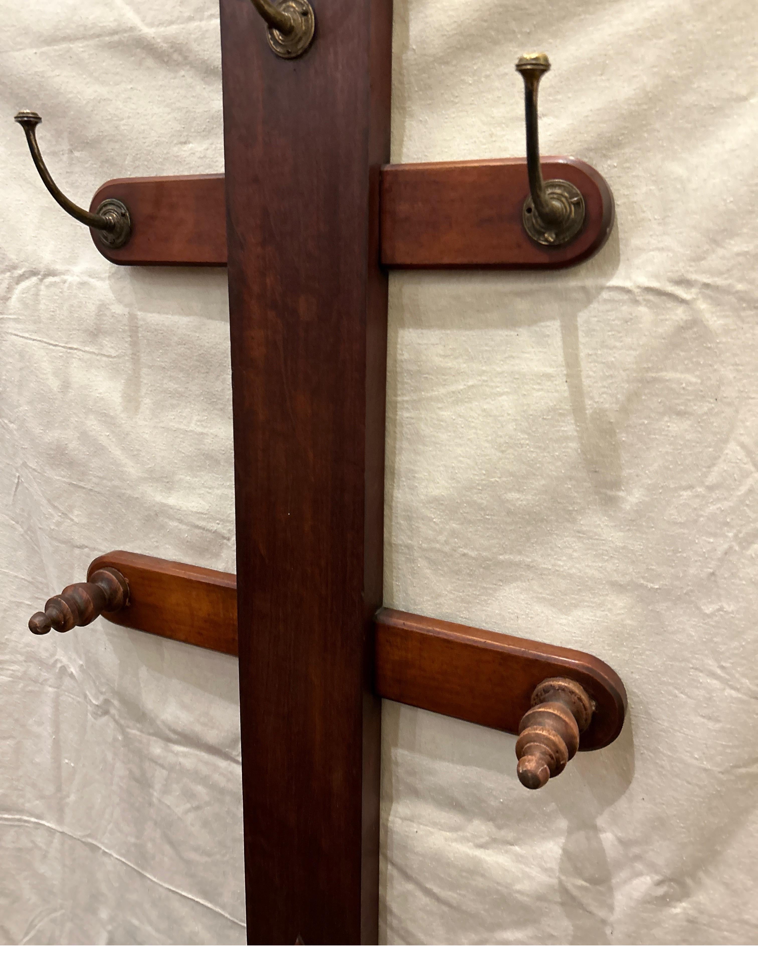 Arts & Crafts Mahogany Coat Rack cum Hat Stand With Brass Hooks & Drip Pan For Sale 3