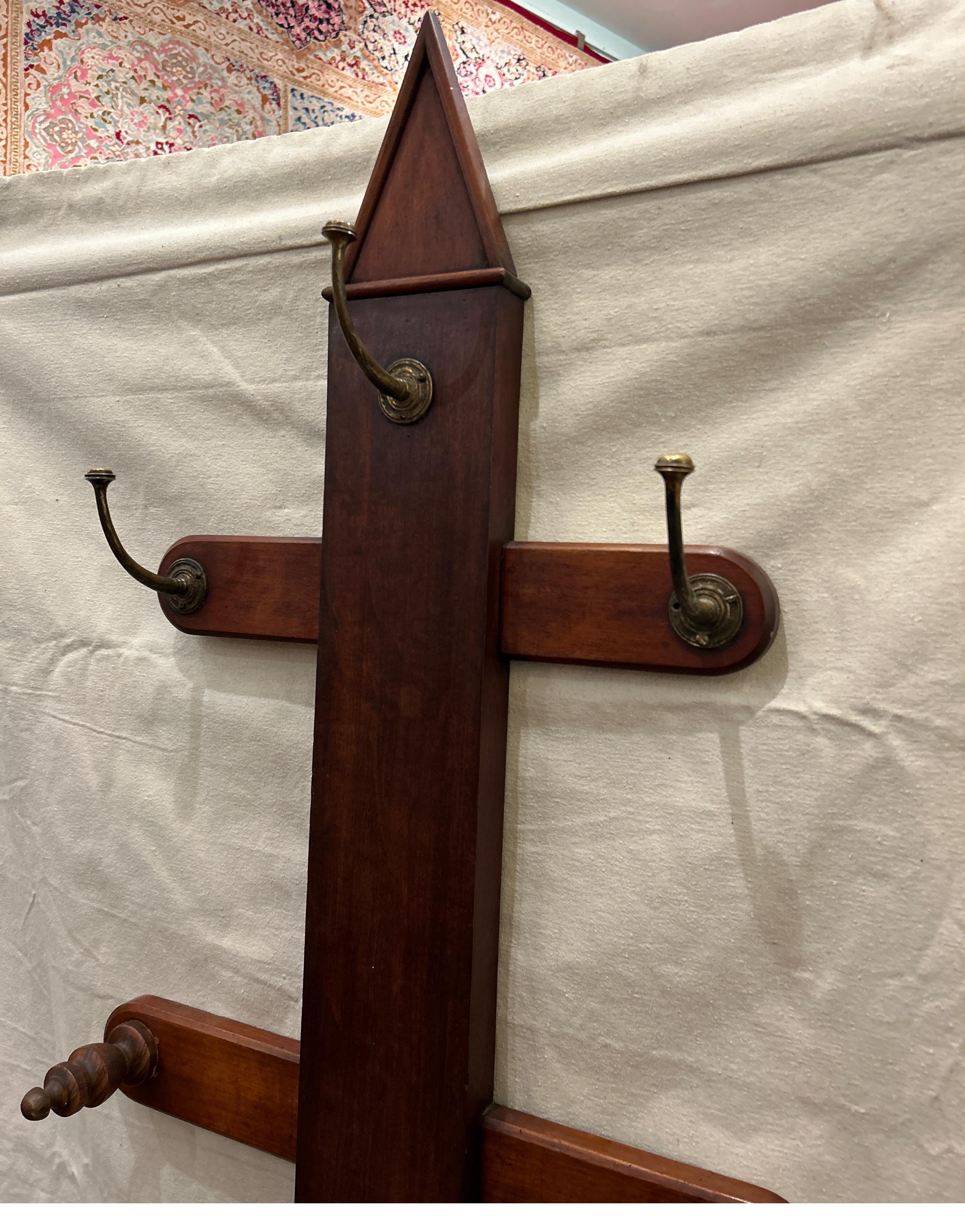 Arts & Crafts Mahogany Coat Rack cum Hat Stand With Brass Hooks & Drip Pan For Sale 4