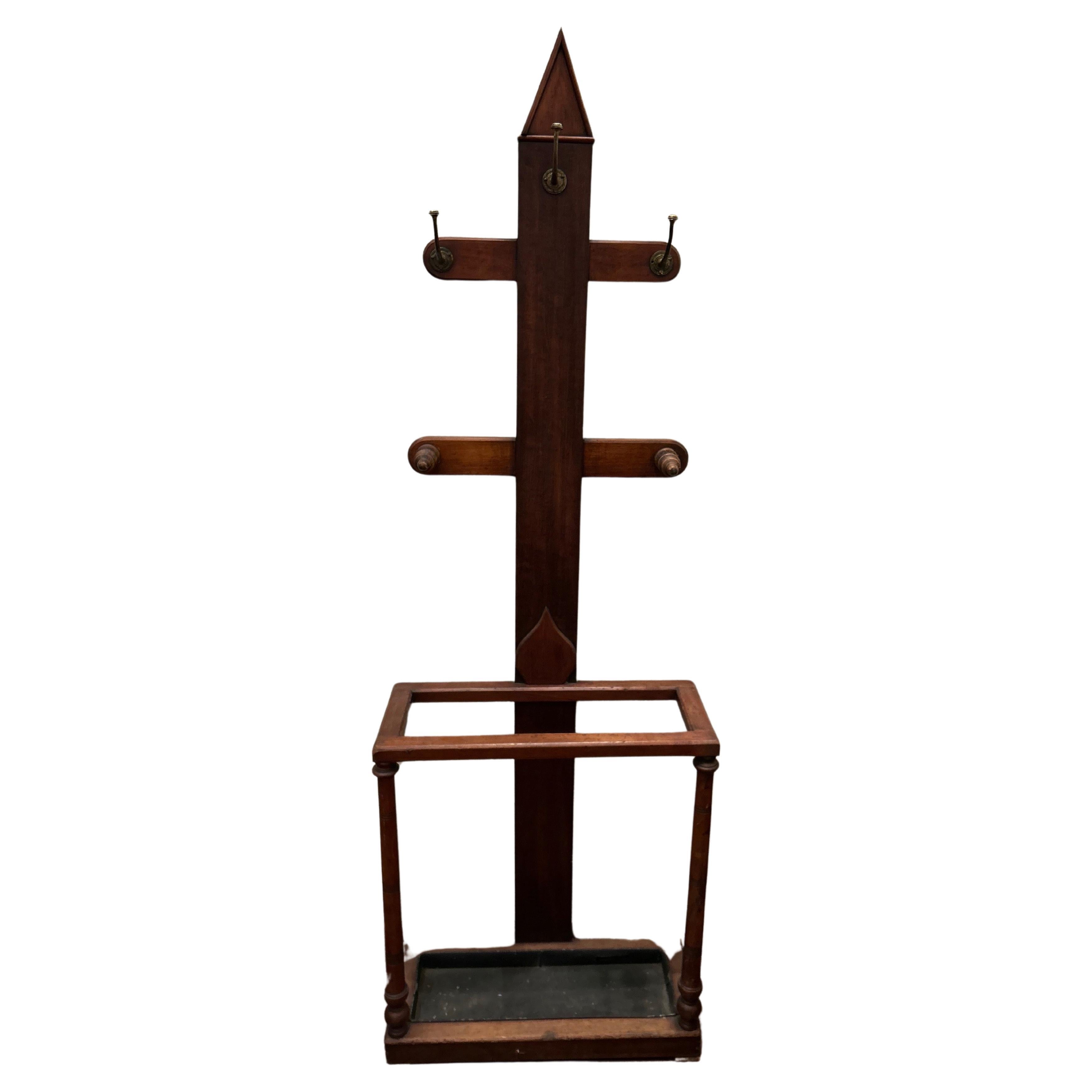 Arts & Crafts Mahogany Coat Rack cum Hat Stand With Brass Hooks & Drip Pan For Sale