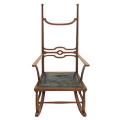 Arts & Crafts Mahogany Rocking Chair with Green Leather Seat, 20th Century