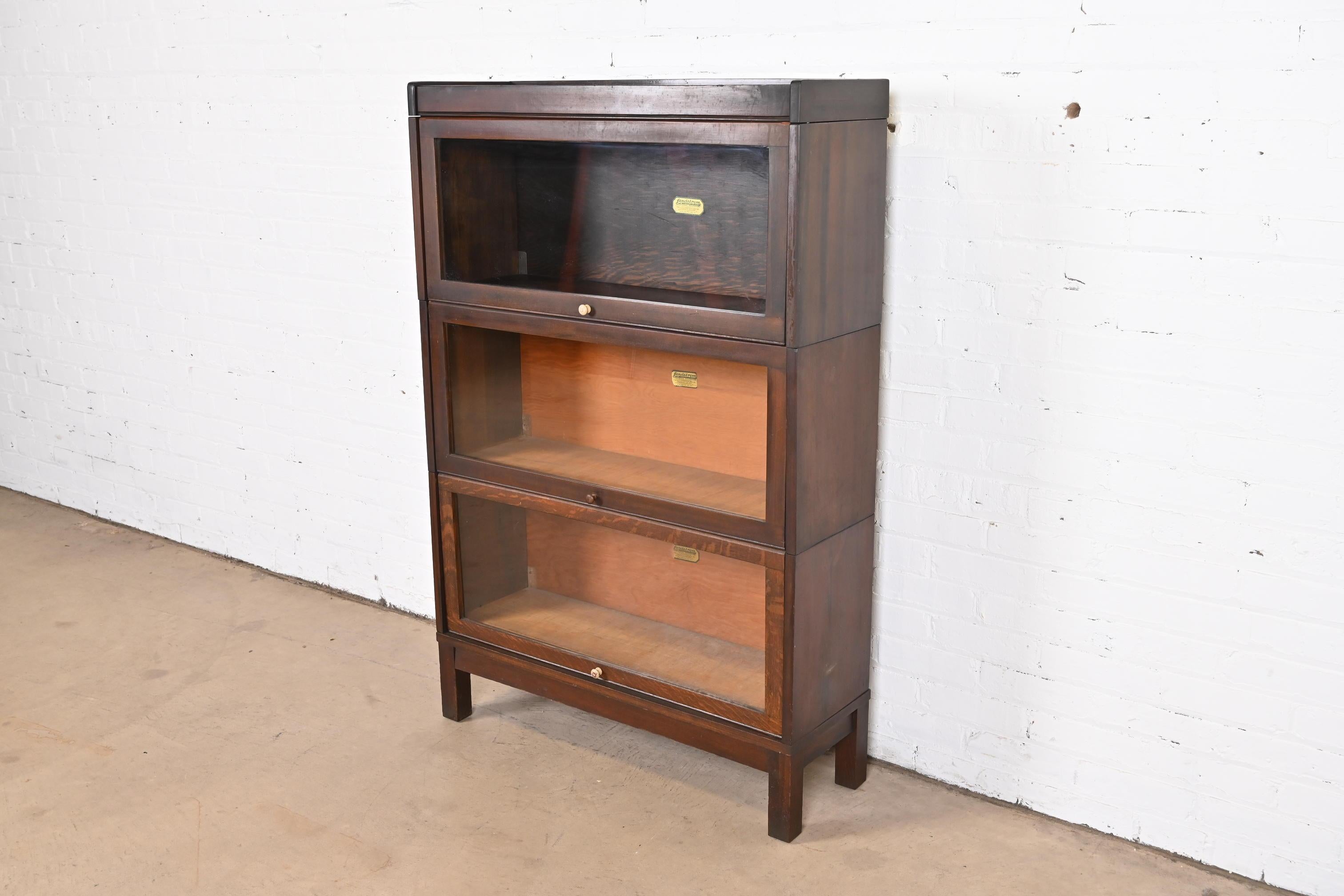 American Arts & Crafts Mahogany Three-Stack Barrister Bookcase by Lundstrom, Circa 1920s