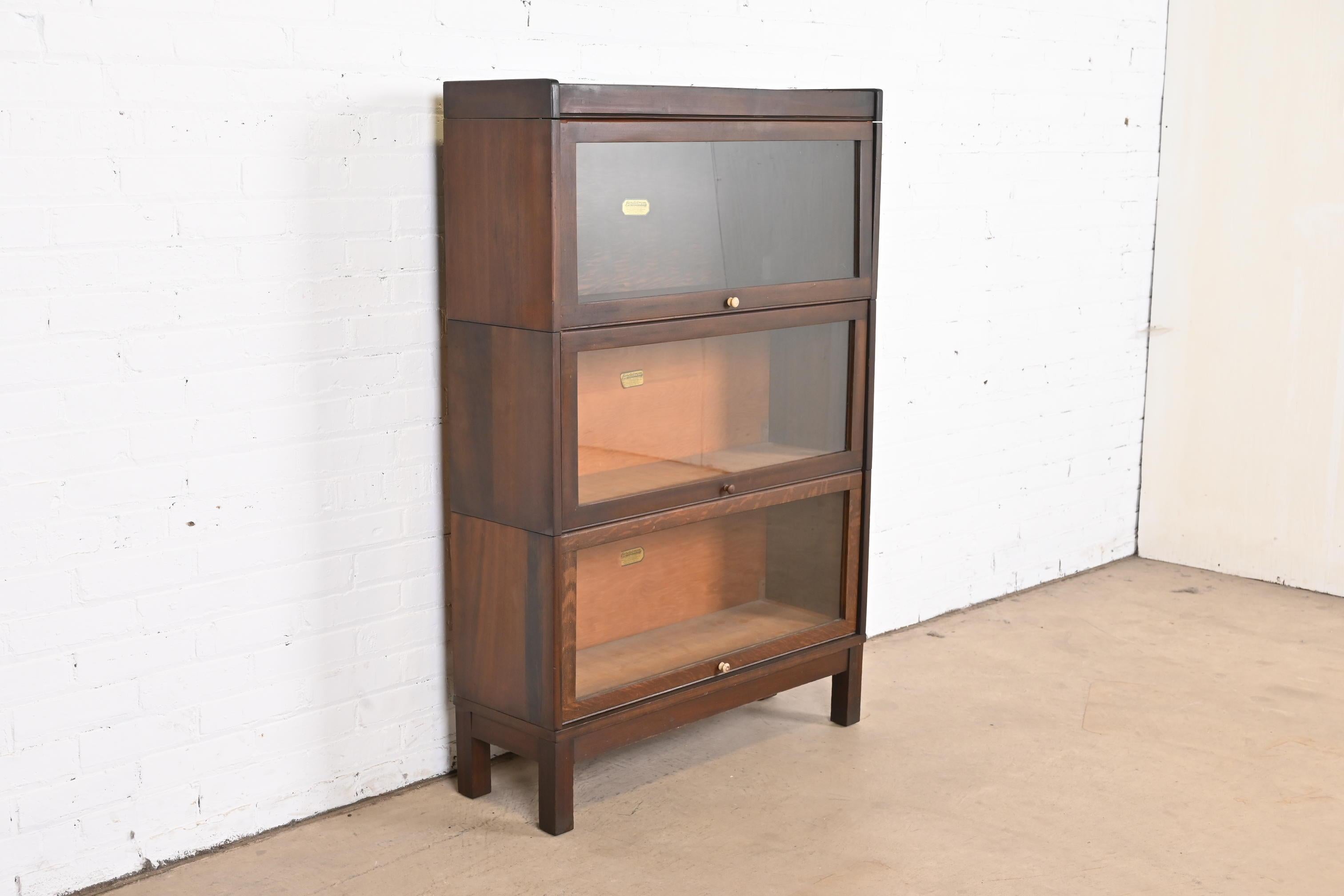 Arts & Crafts Mahogany Three-Stack Barrister Bookcase by Lundstrom, Circa 1920s In Good Condition In South Bend, IN