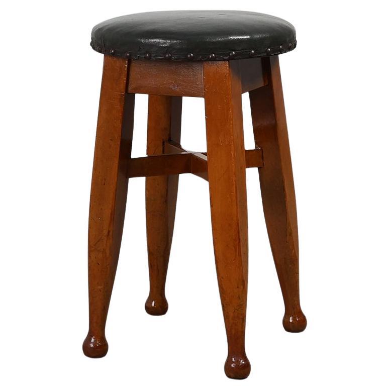Arts & Crafts Meets Early Art Deco Oak & Leather Stool, France 1920