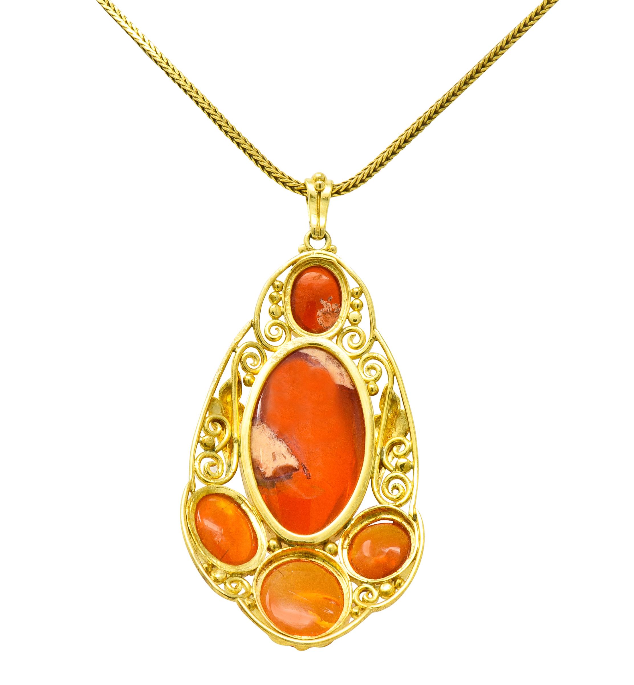 Arts & Crafts Mexican Fire Opal Cabochon 18 Karat Yellow Gold Pendant Necklace 1