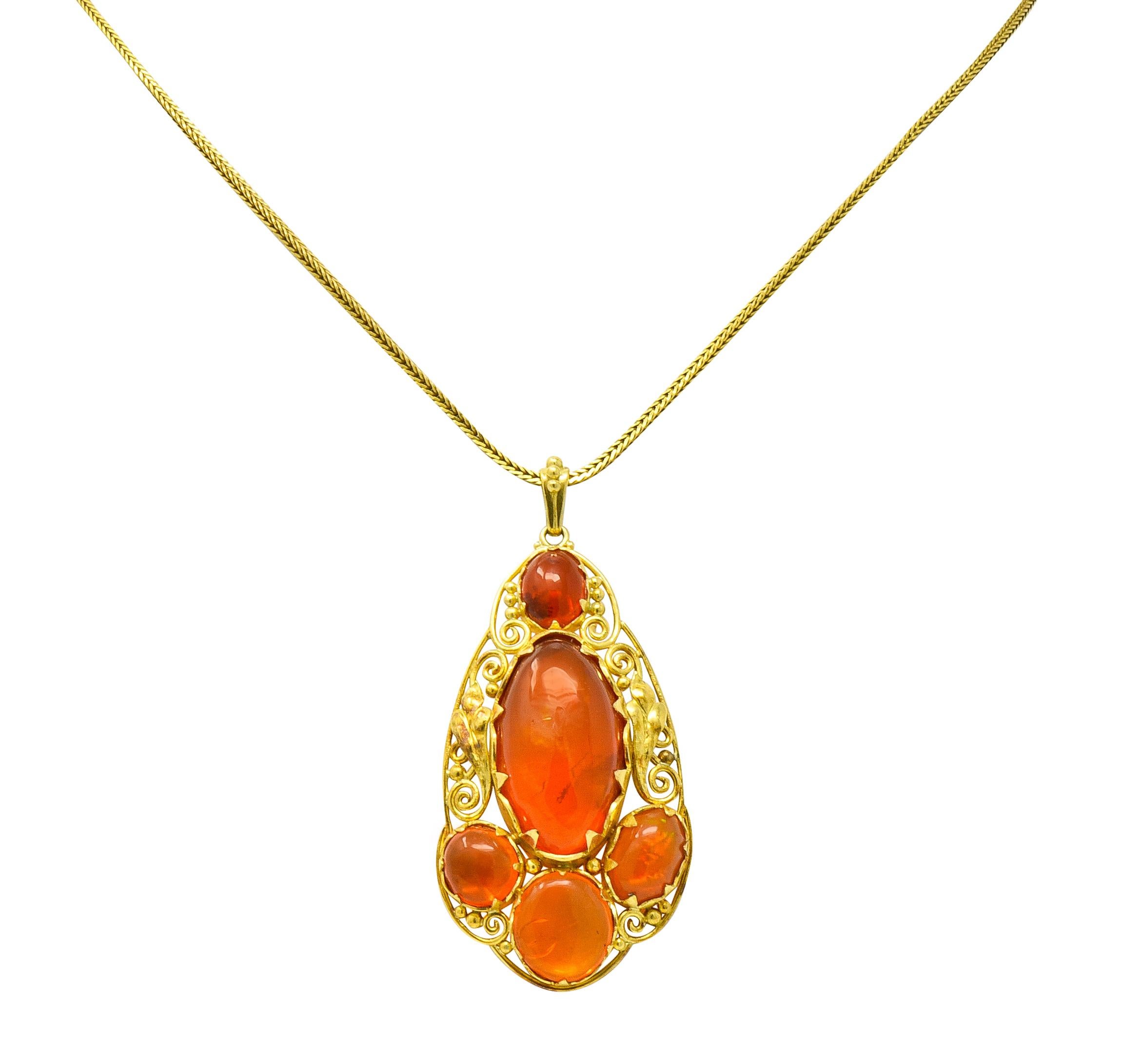 Arts & Crafts Mexican Fire Opal Cabochon 18 Karat Yellow Gold Pendant Necklace 2