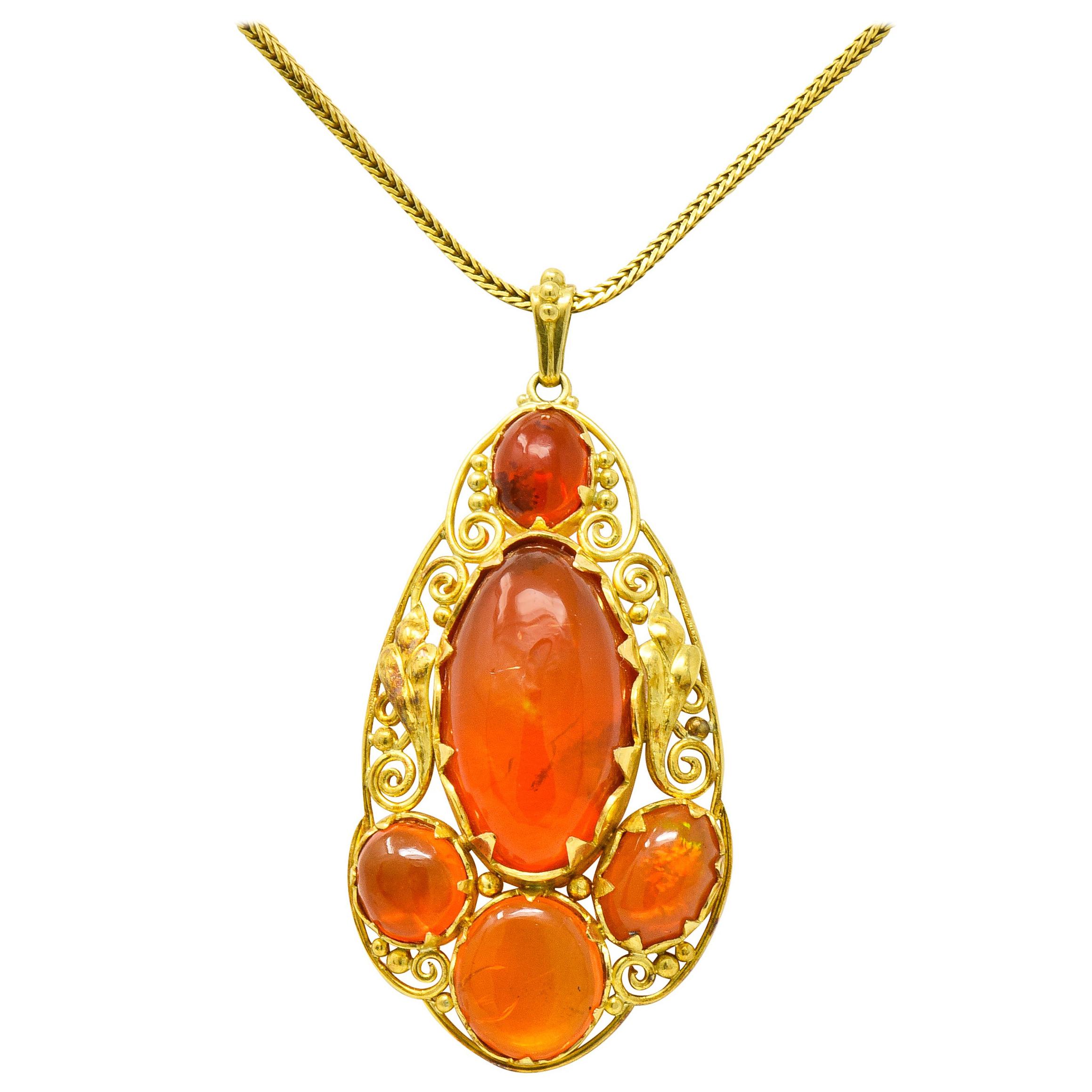 Arts & Crafts Mexican Fire Opal Cabochon 18 Karat Yellow Gold Pendant Necklace