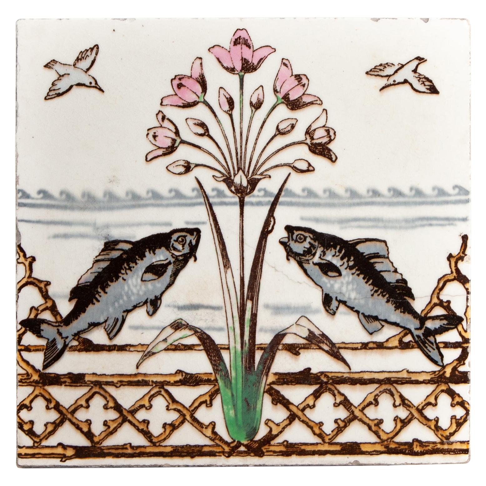 Arts & Crafts Minton Pottery Kingfisher Tile Designed by Christopher Dresser