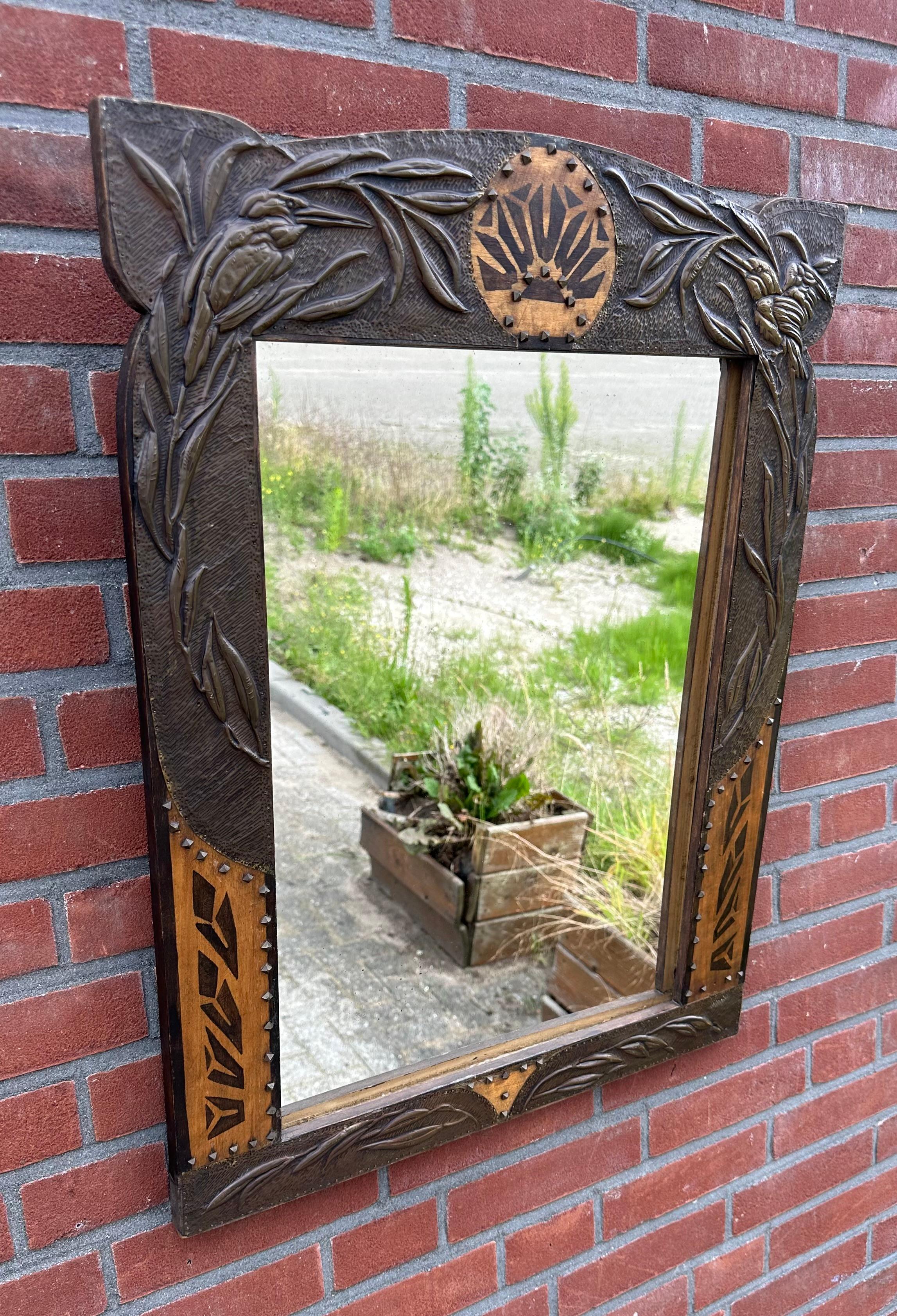 Rare Arts & Crafts Wall Mirror w. Brass Kingfisher Bird Sculptures & Batik Decor 3