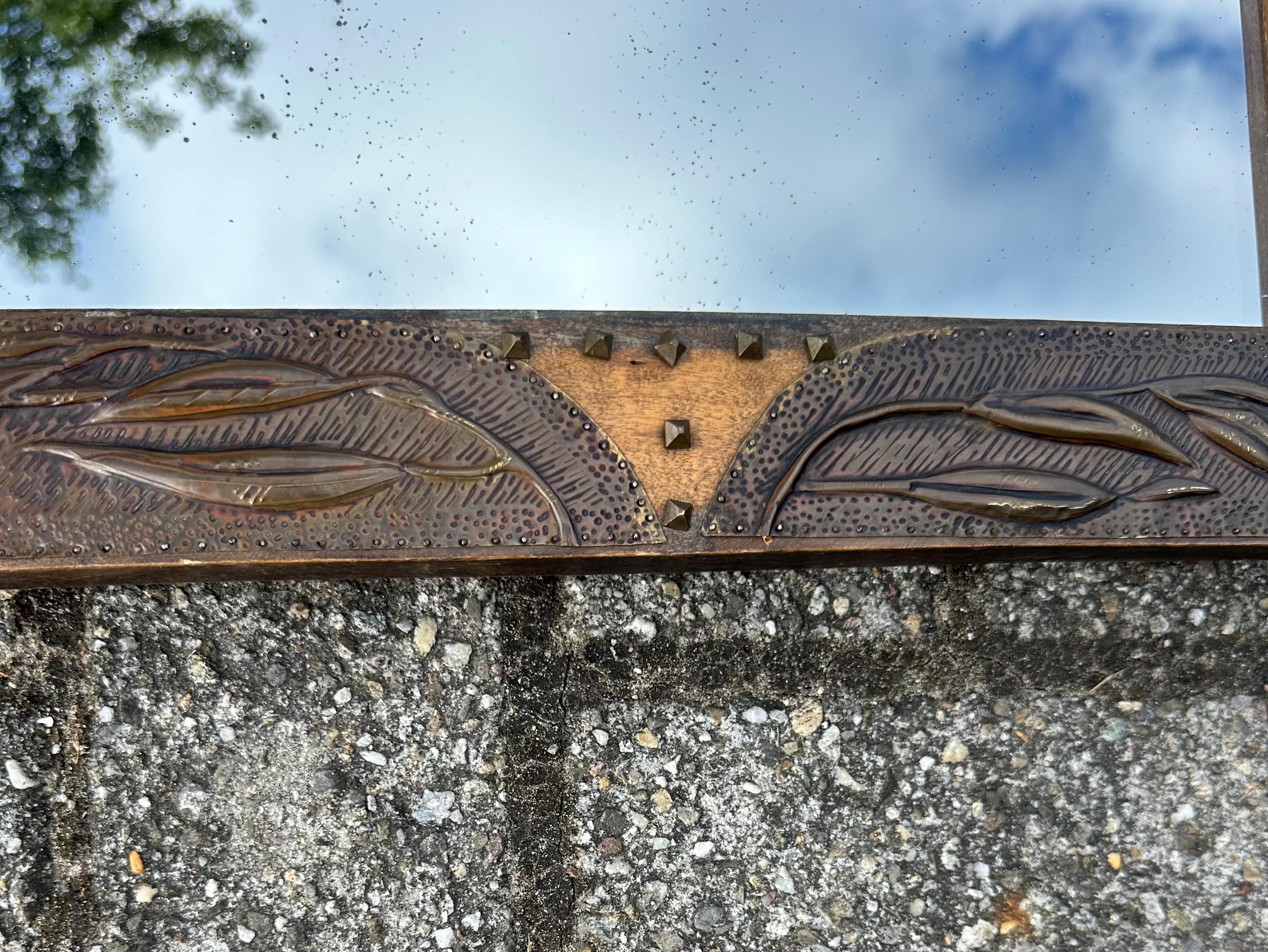 Rare Arts & Crafts Wall Mirror w. Brass Kingfisher Bird Sculptures & Batik Decor 8