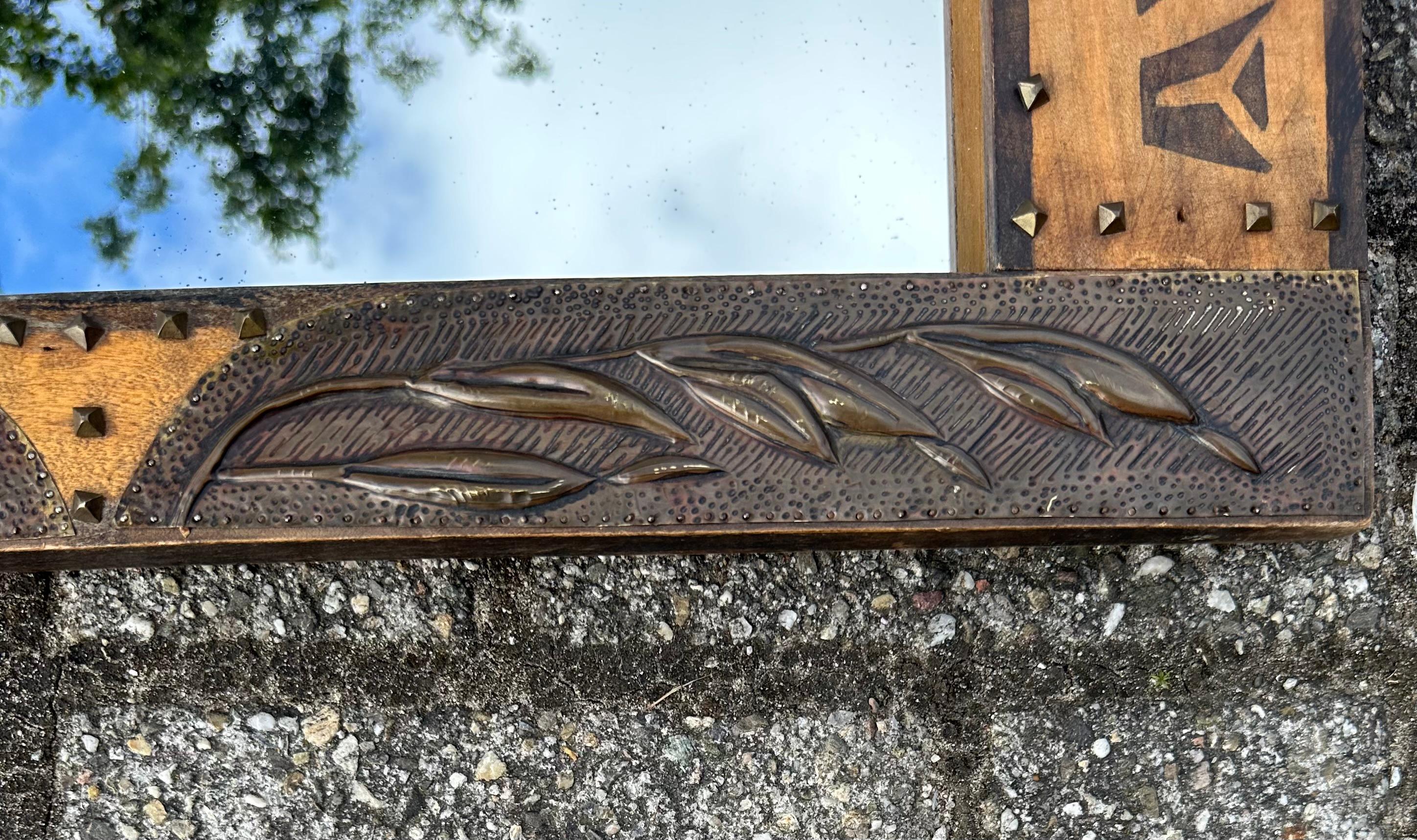 Rare Arts & Crafts Wall Mirror w. Brass Kingfisher Bird Sculptures & Batik Decor 9