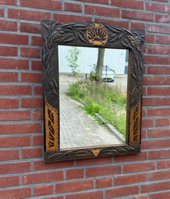 Rare Arts & Crafts Wall Mirror w. Brass Kingfisher Bird Sculptures & Batik Decor