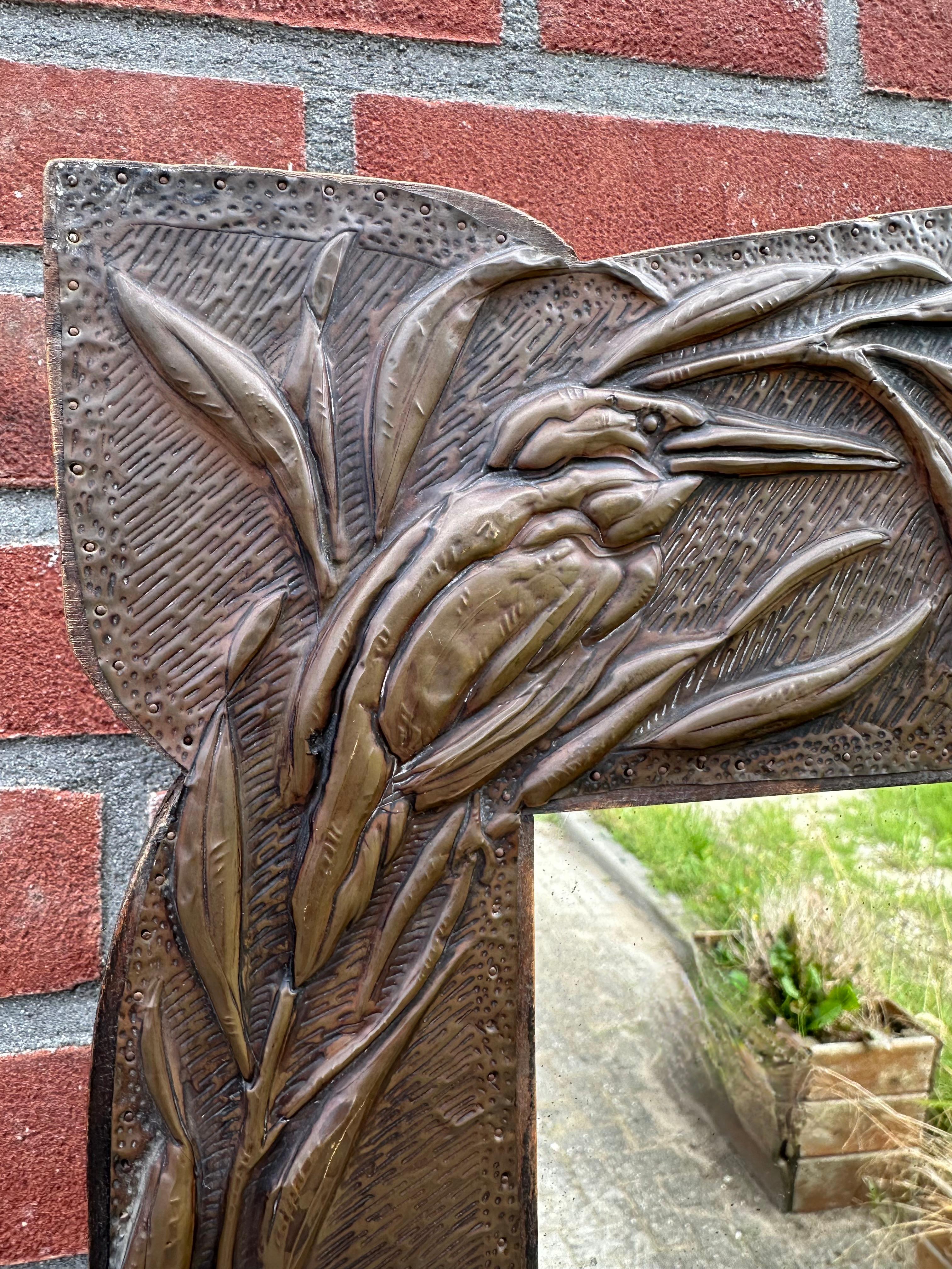European Rare Arts & Crafts Wall Mirror w. Brass Kingfisher Bird Sculptures & Batik Decor