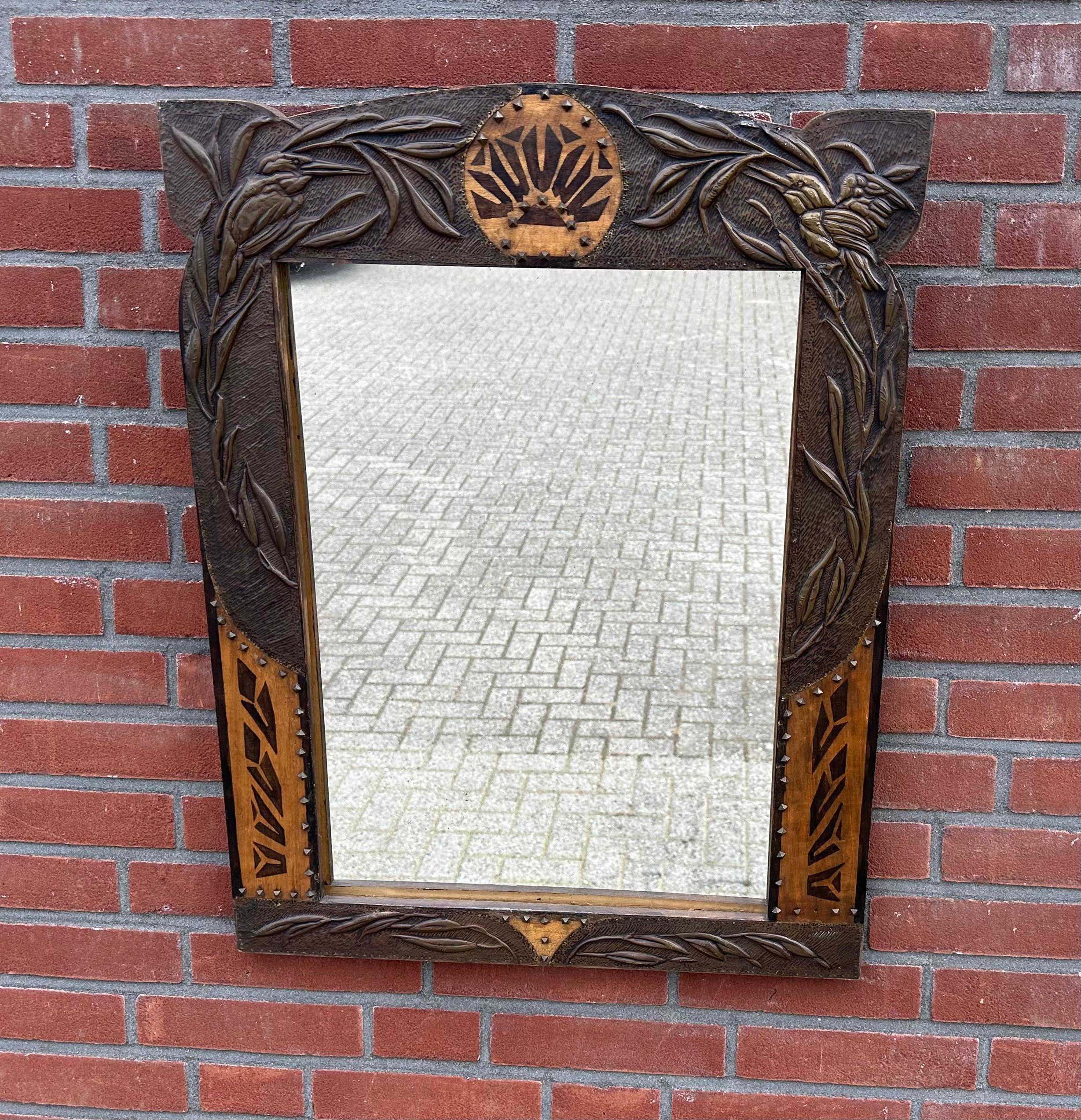 Rare Arts & Crafts Wall Mirror w. Brass Kingfisher Bird Sculptures & Batik Decor In Good Condition In Lisse, NL