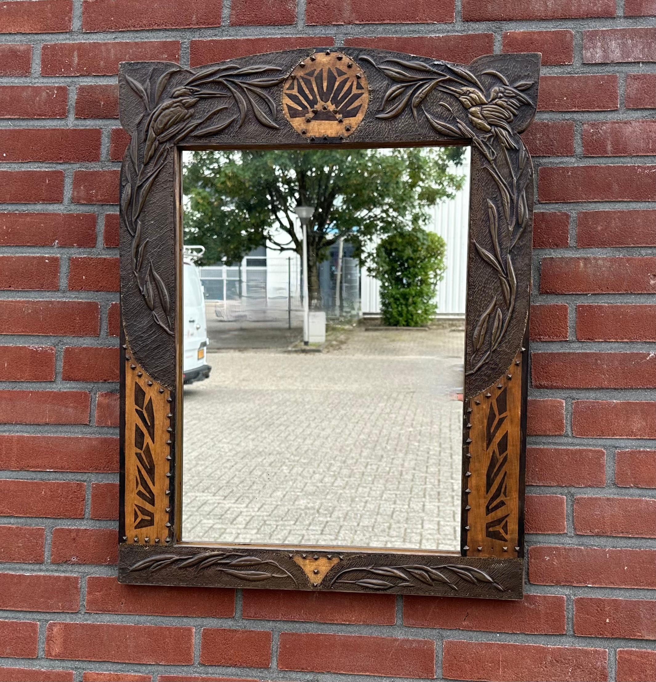 20th Century Rare Arts & Crafts Wall Mirror w. Brass Kingfisher Bird Sculptures & Batik Decor