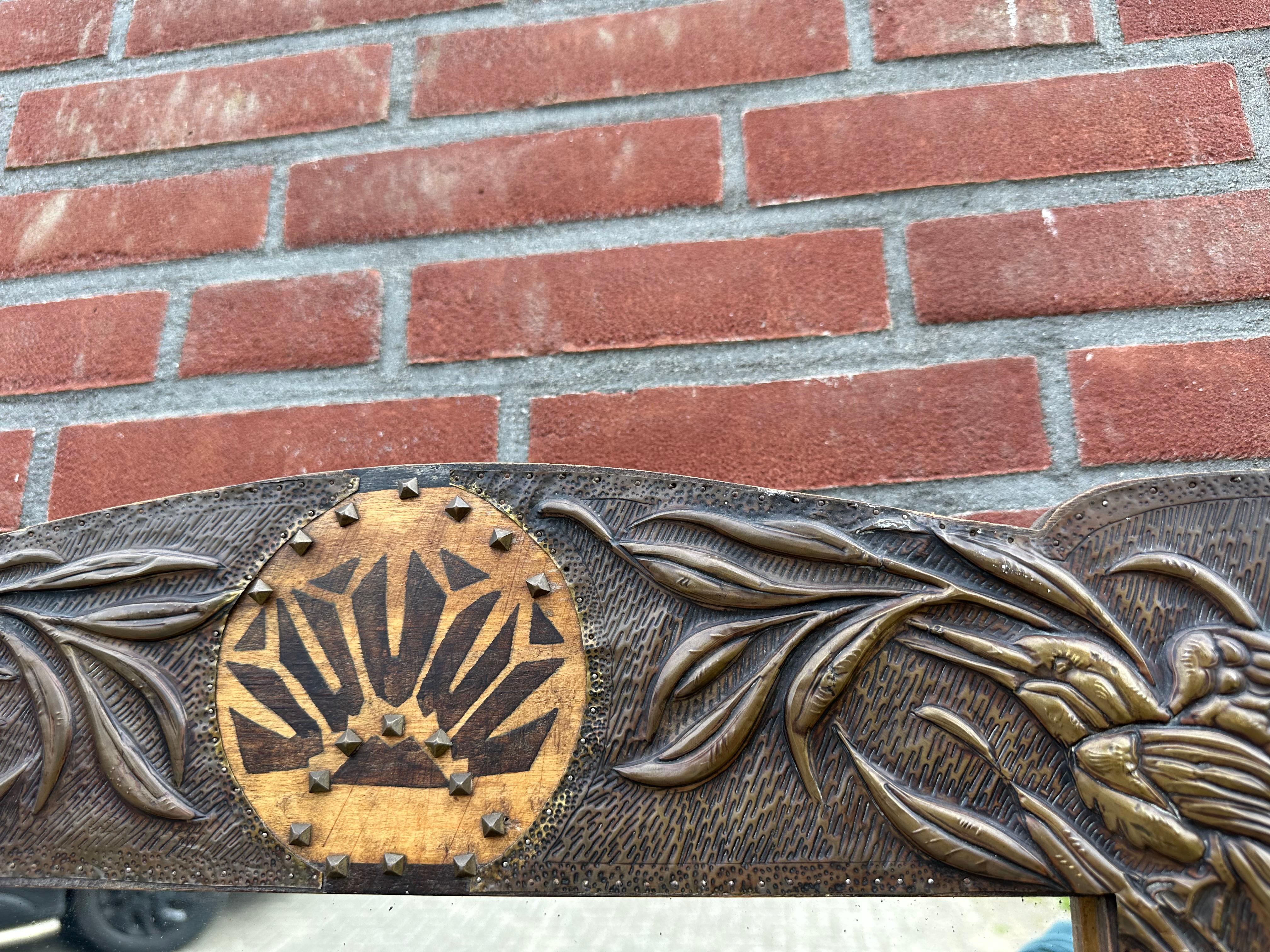 Rare Arts & Crafts Wall Mirror w. Brass Kingfisher Bird Sculptures & Batik Decor 2