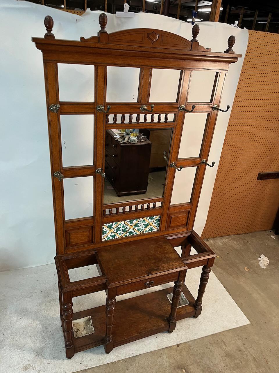 Brass Arts & Crafts Mirrored Hall Tree For Sale